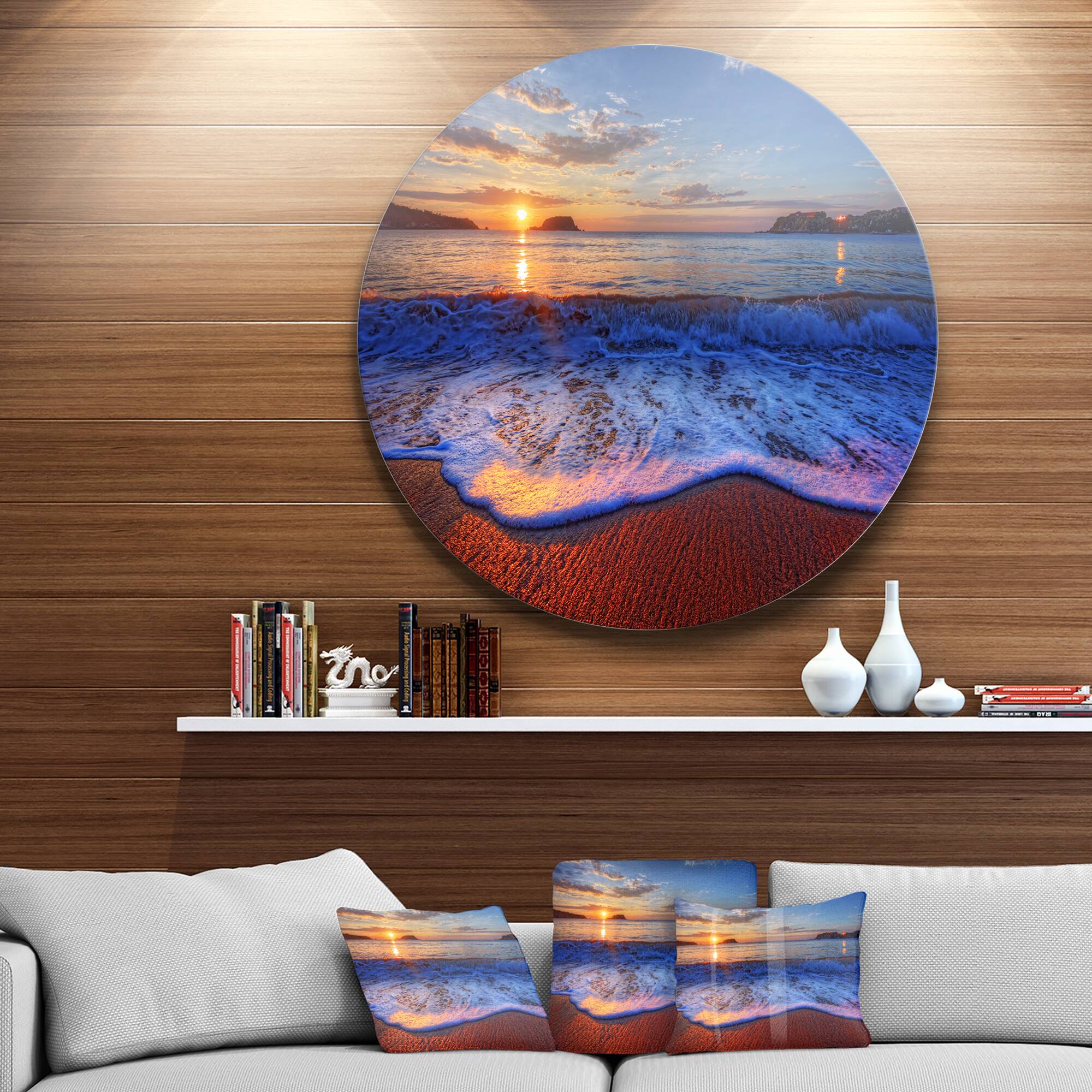 Designart - Blue Waves on Sandy Beach' Seashore Metal Circle Wall Art