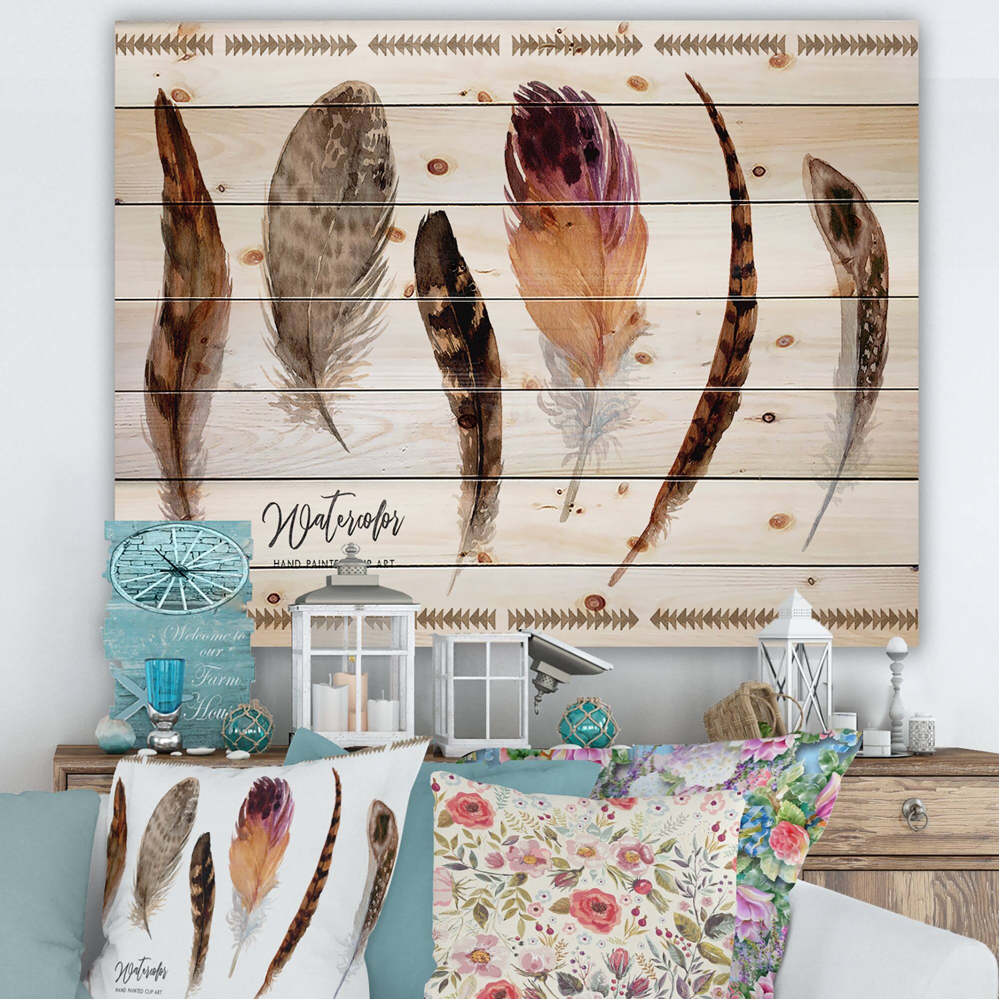 Designart - Exotic Vibrant Boho Feathers - Bohemian &#x26; Eclectic Print on Natural Pine Wood