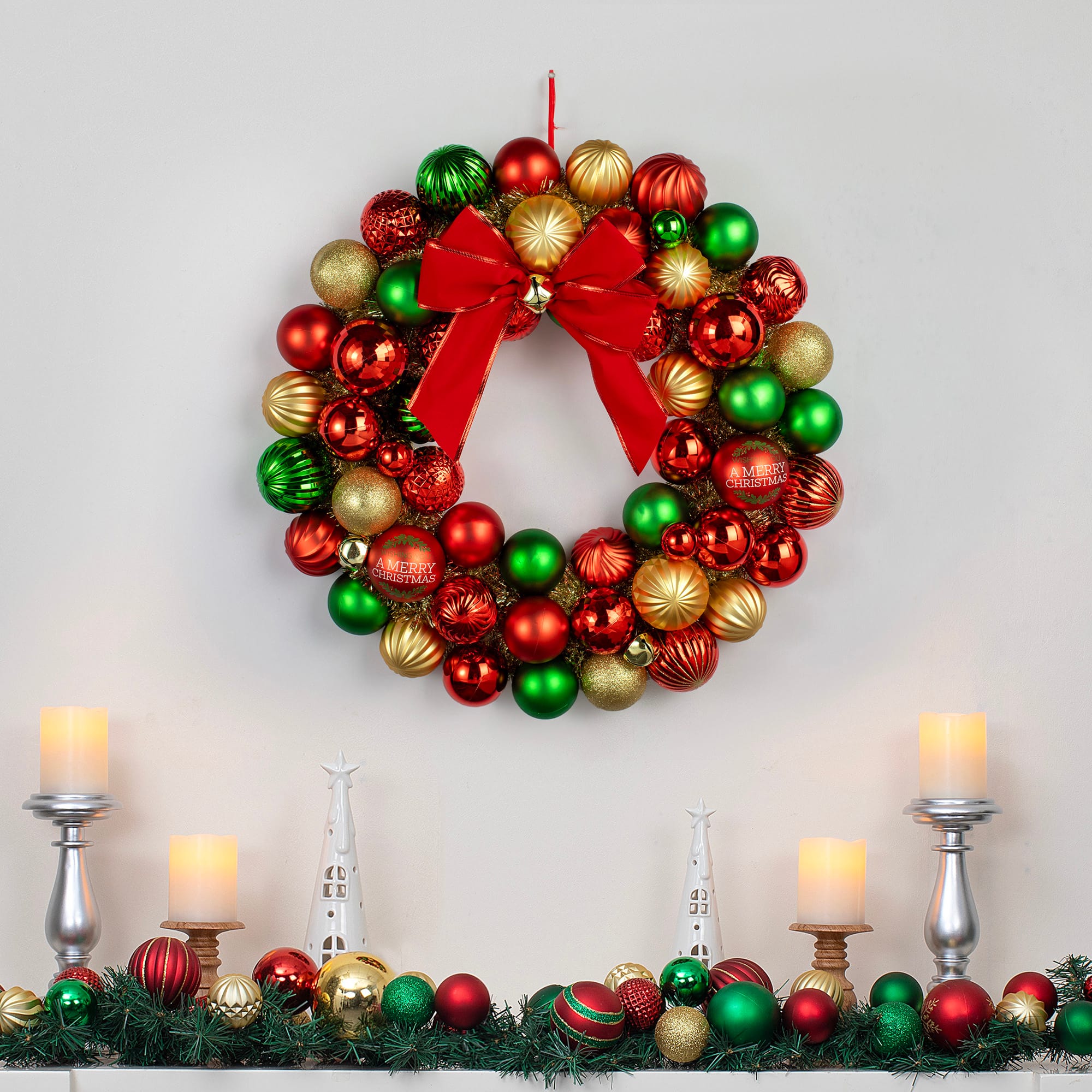 24&#x22; Red, Green &#x26; Gold Ornament Wreath with Bow by Ashland&#xAE;