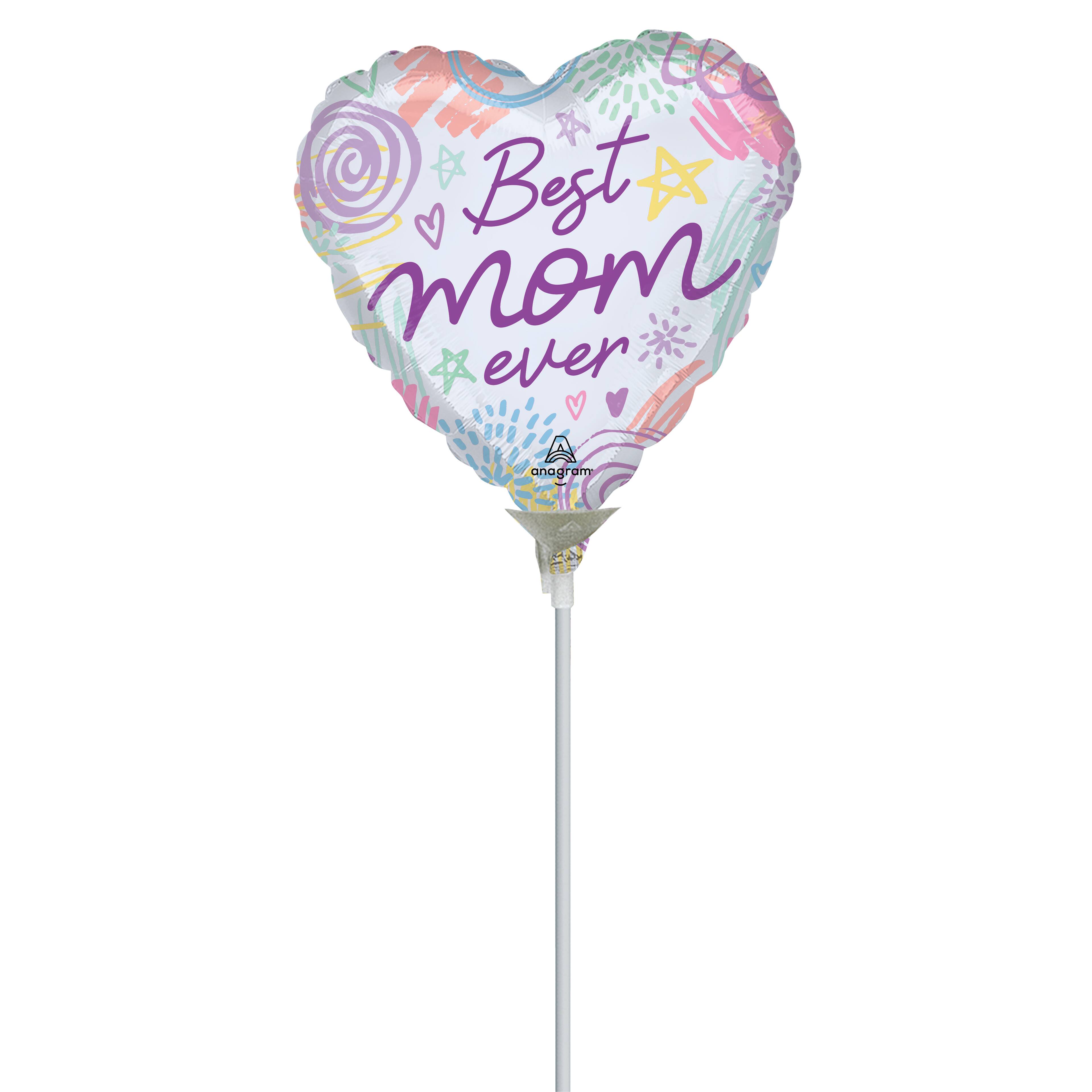 Ballon métallisé sur tige avec gribouillis « Love You Mom » de 22,8 cm