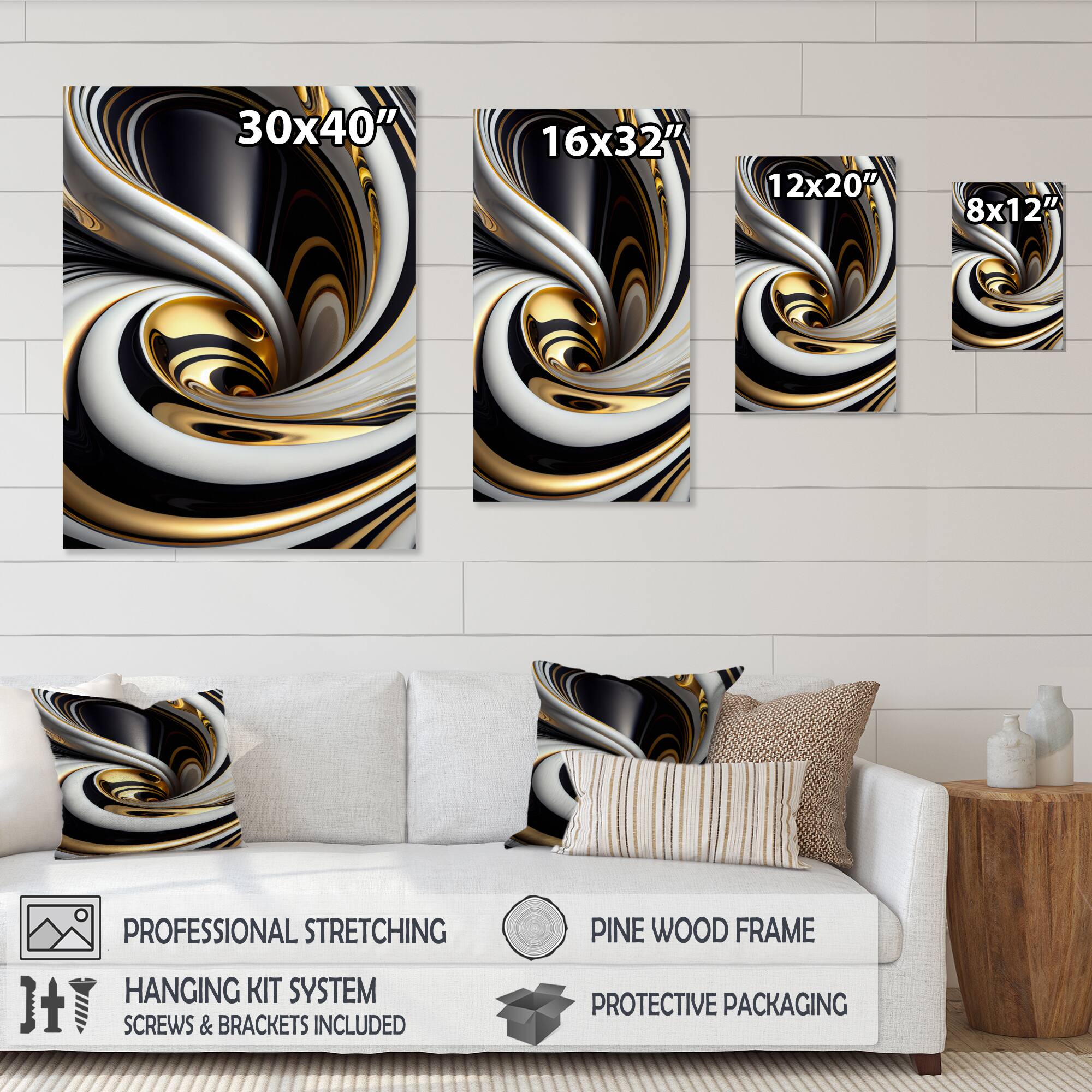Designart 'Gold Black And White Stained Glass I' Modern Framed Canvas Wall Art