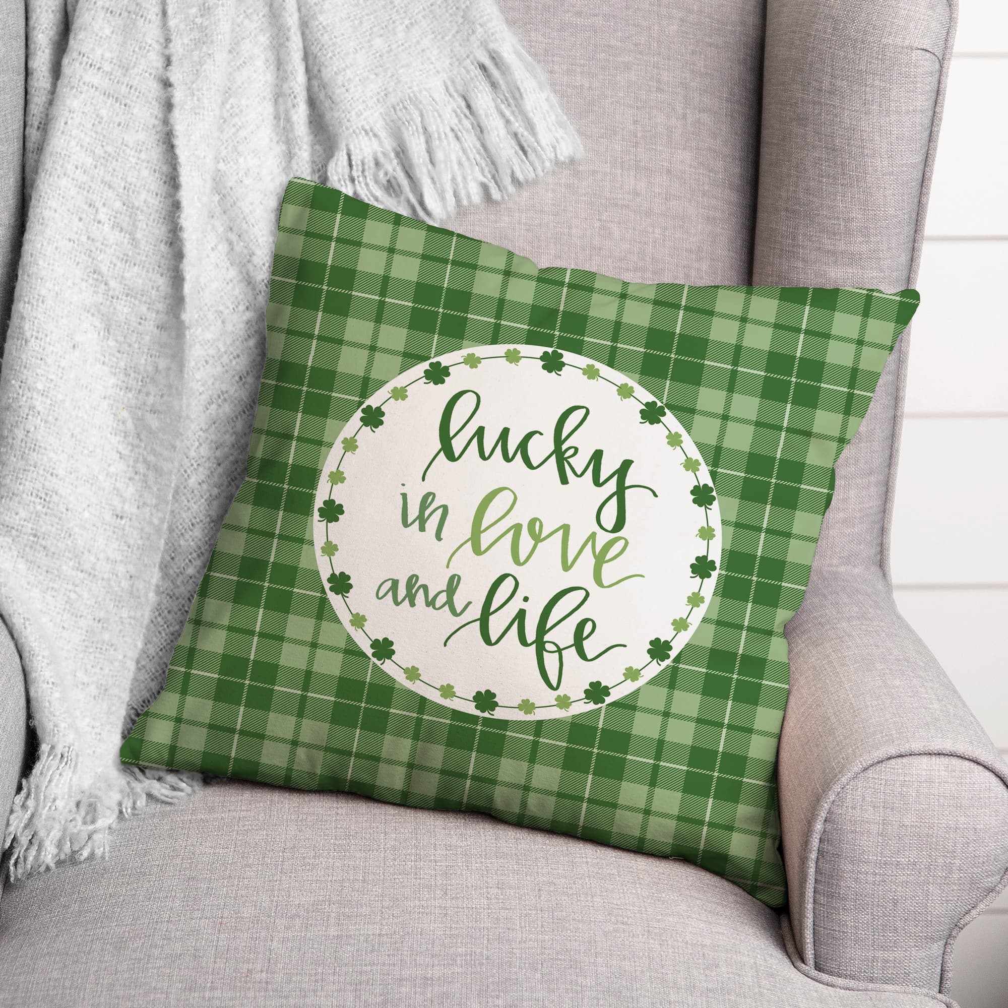 Luck, Love &#x26; Life Plaid Clover Wreath Throw Pillow