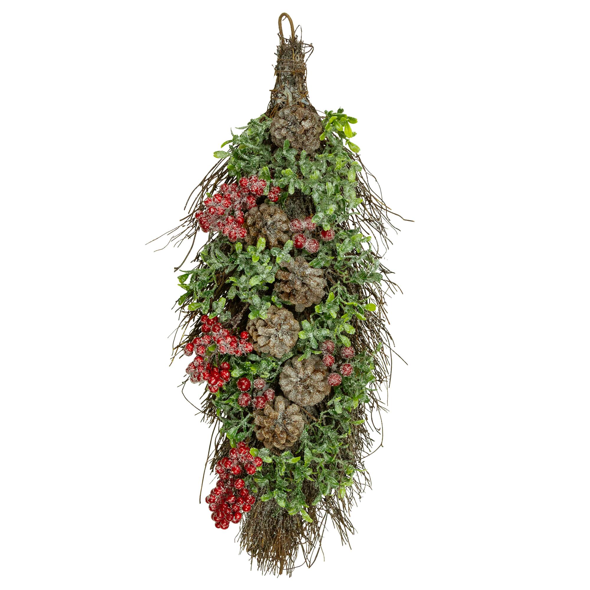 28" Unlit Glittered Boxwood, Pine Cones & Red Berry Teardrop Swag