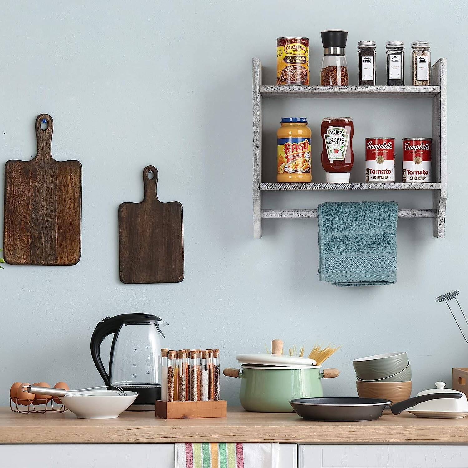 2-Tier Wood Wall Mounted Bathroom Shelf with Towel Rack