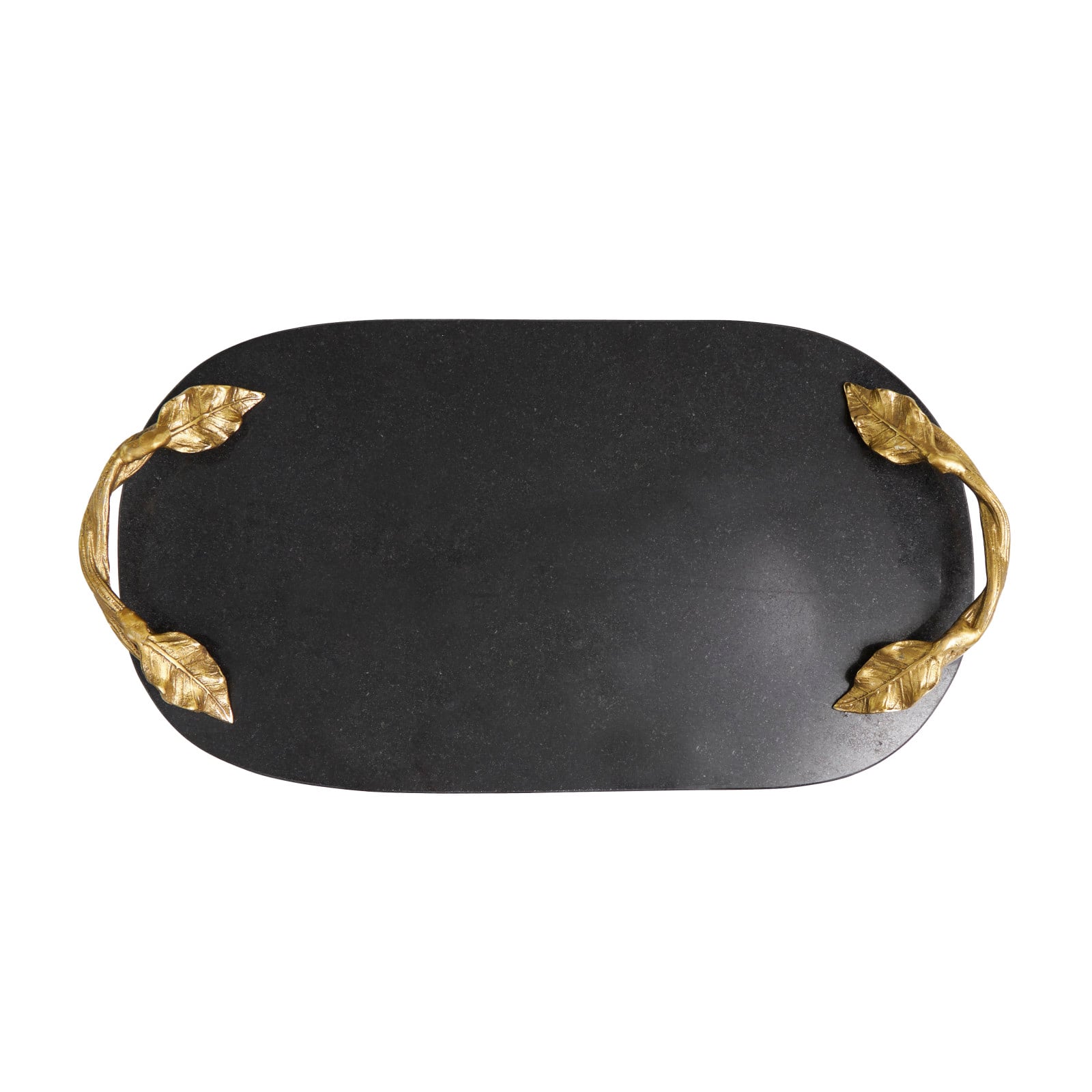 19&#x22; Black Marble Oval Tray with Gold Leaf Handles