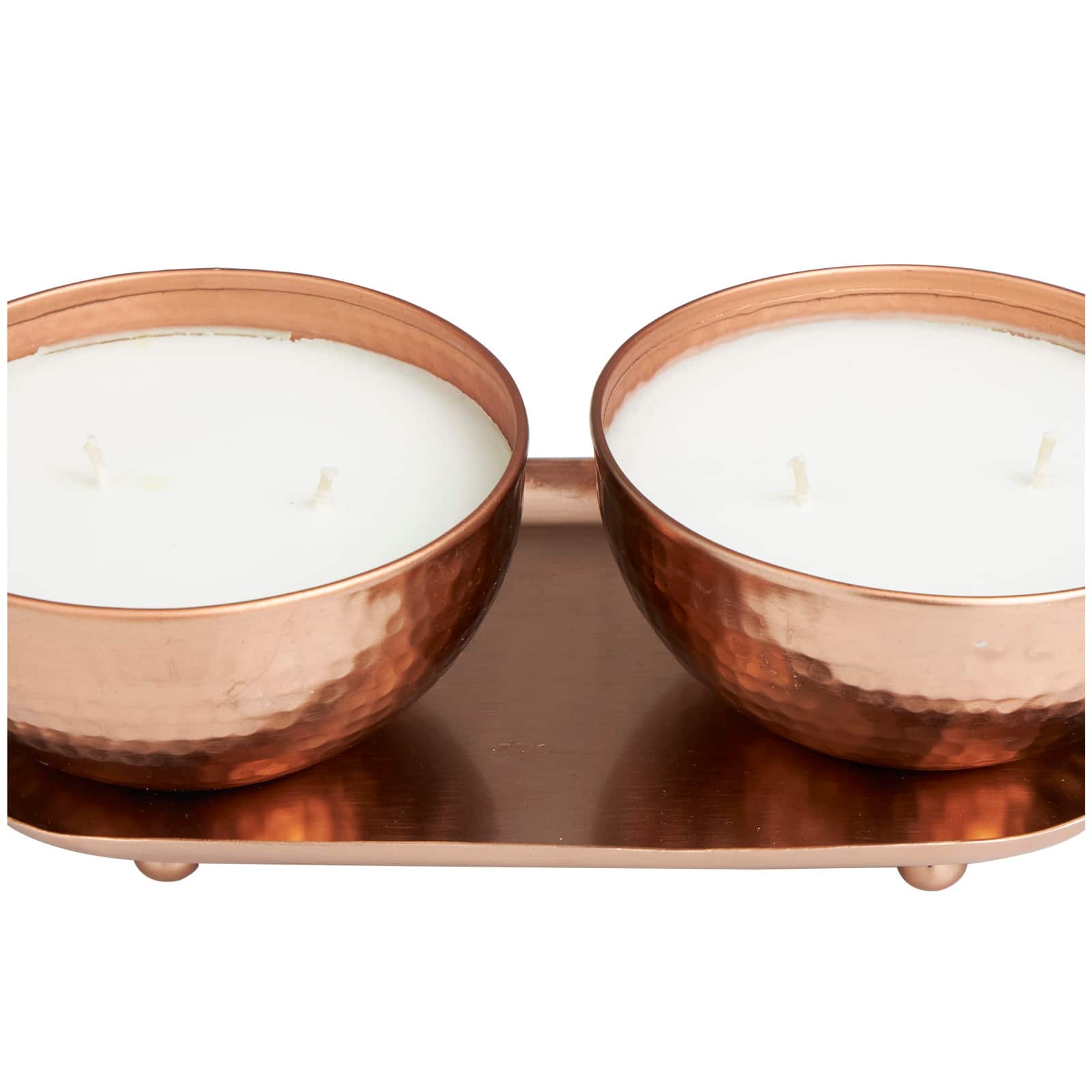 White Wax Tropical Breeze Scented Candle with Copper Hammered Container and Oval Holding Tray