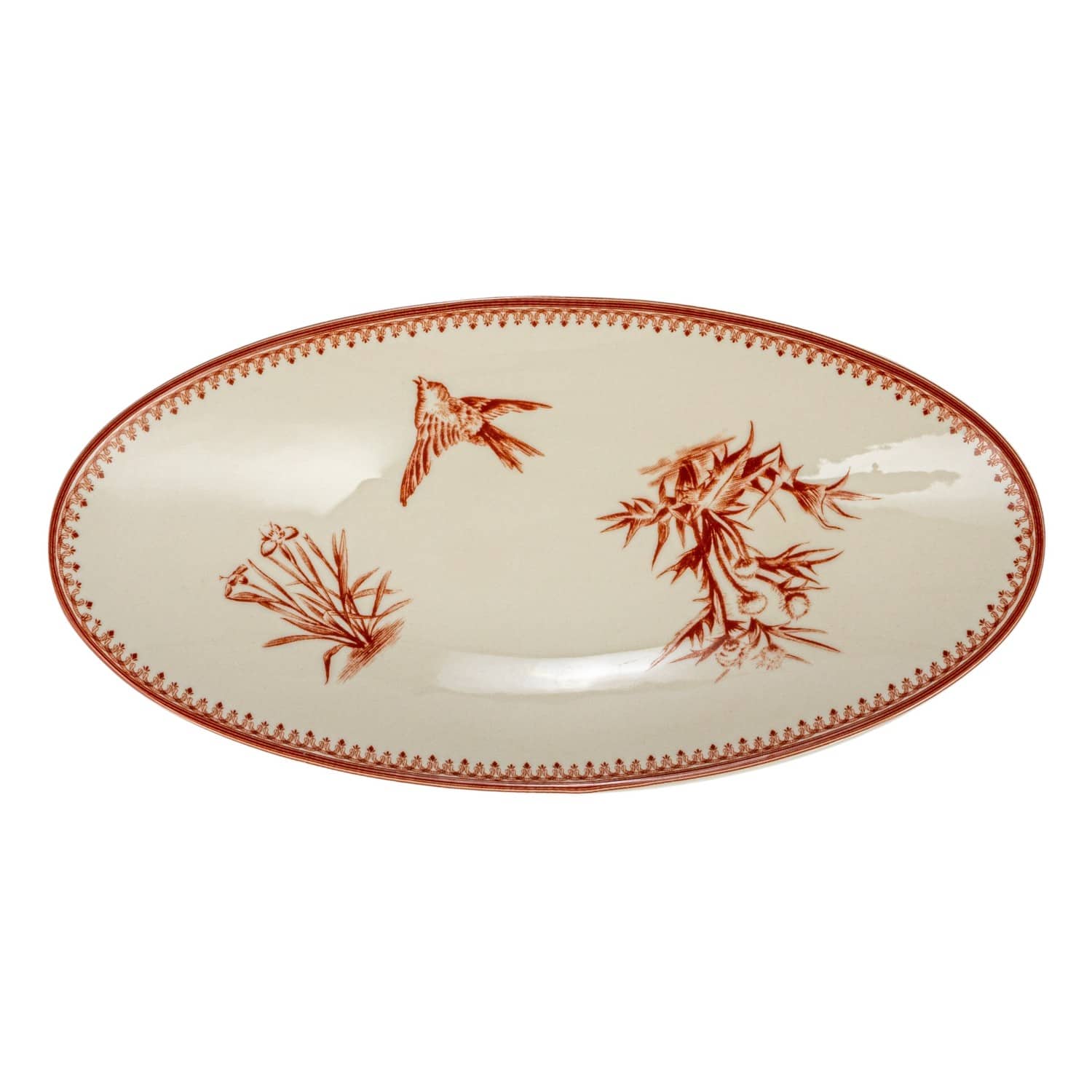 Hello Honey® 9.75" Cream & Brown Vintage Bird & Botanicals Stoneware Oval Plates, 2ct.