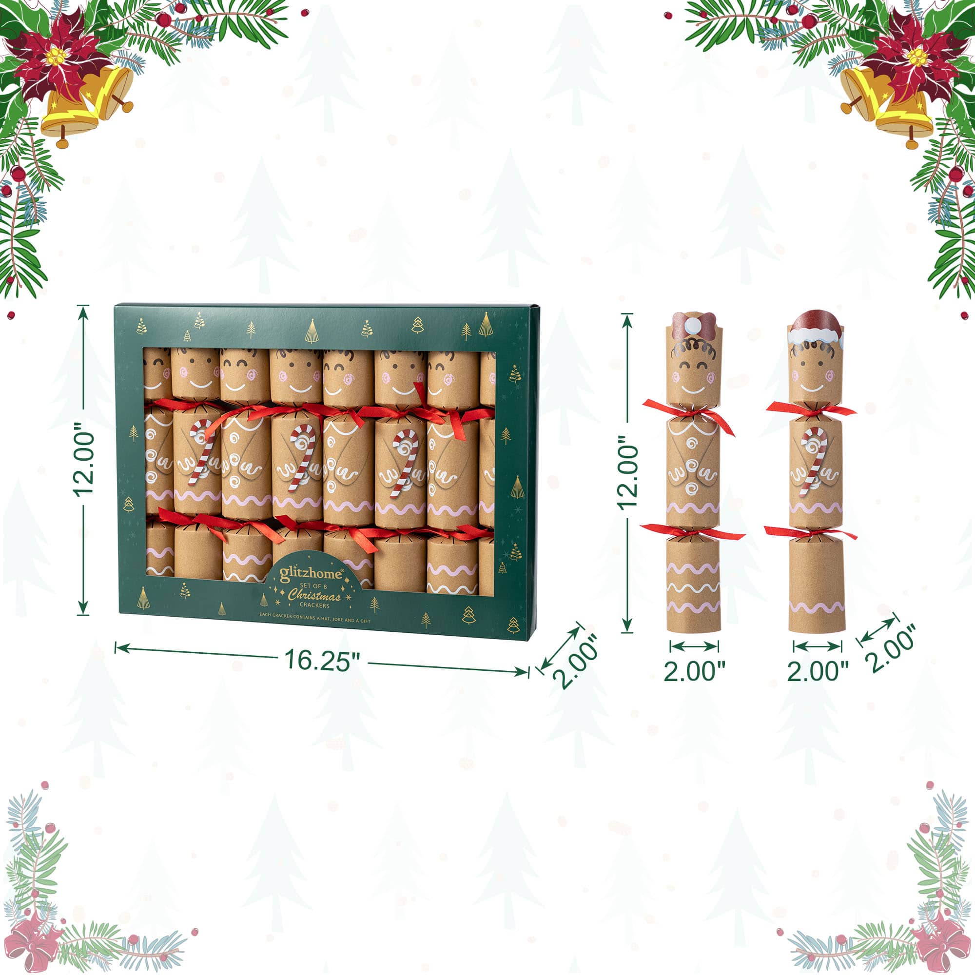 Glitzhome&#xAE; 8PK 2&#x22;D x 12&#x22;H Gingerbread Man Christmas Party Crackers with Gift Contents