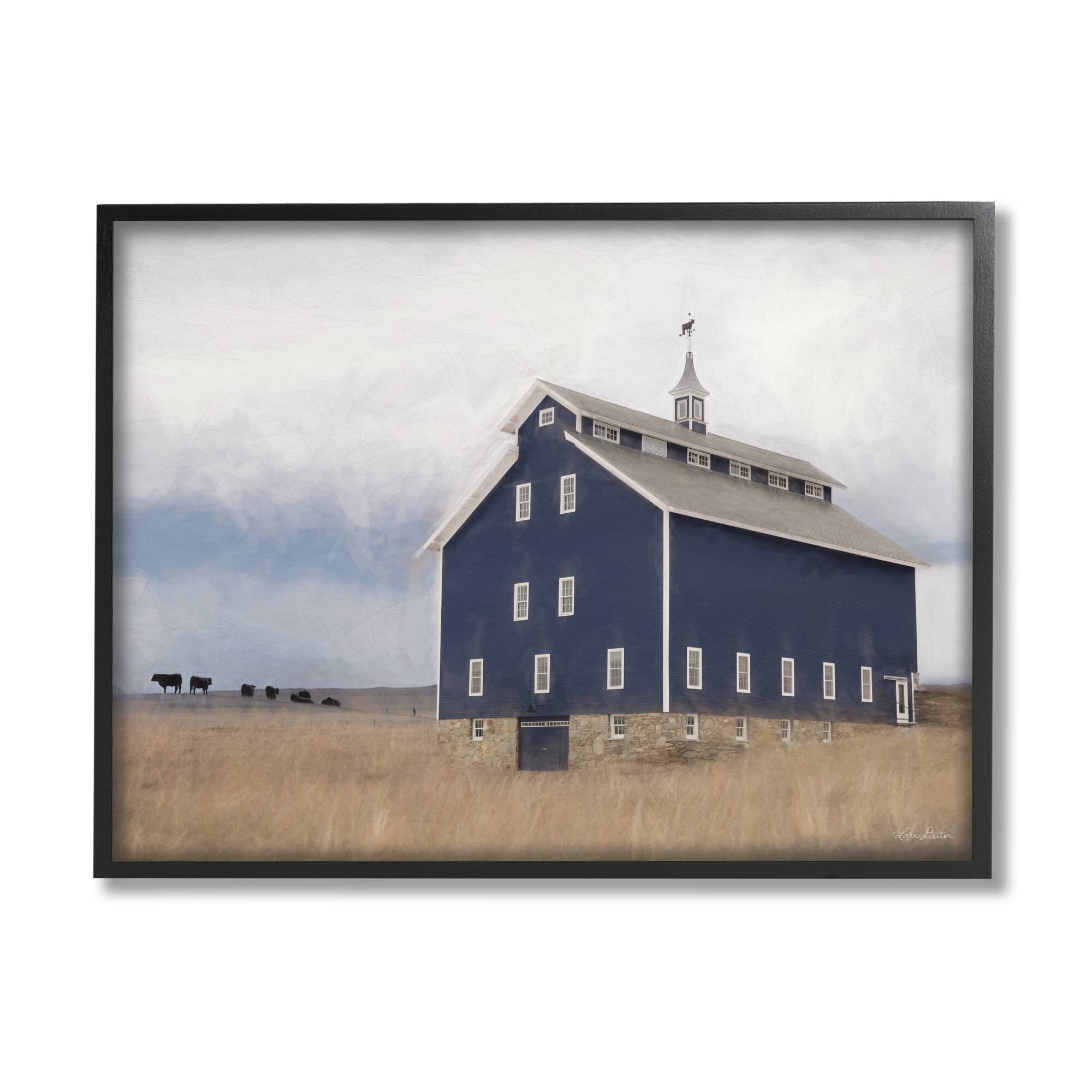 Stupell Industries Blue Farm Barn Landscape Black Framed Wall Art