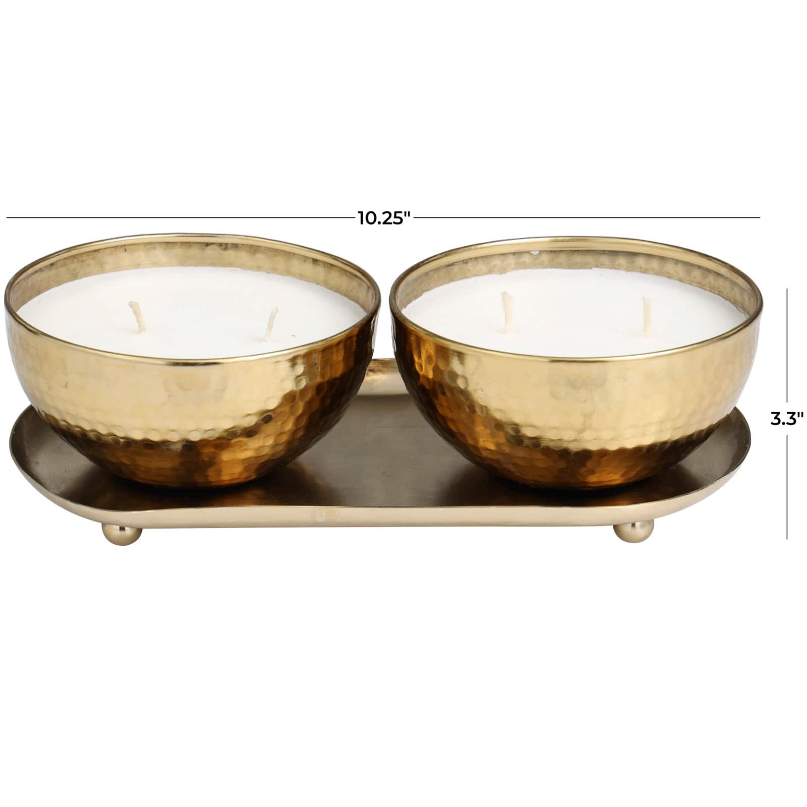 White Wax Egyptian Mint Scented Candle Set with Gold Hammered Containers and Oval Holding Tray