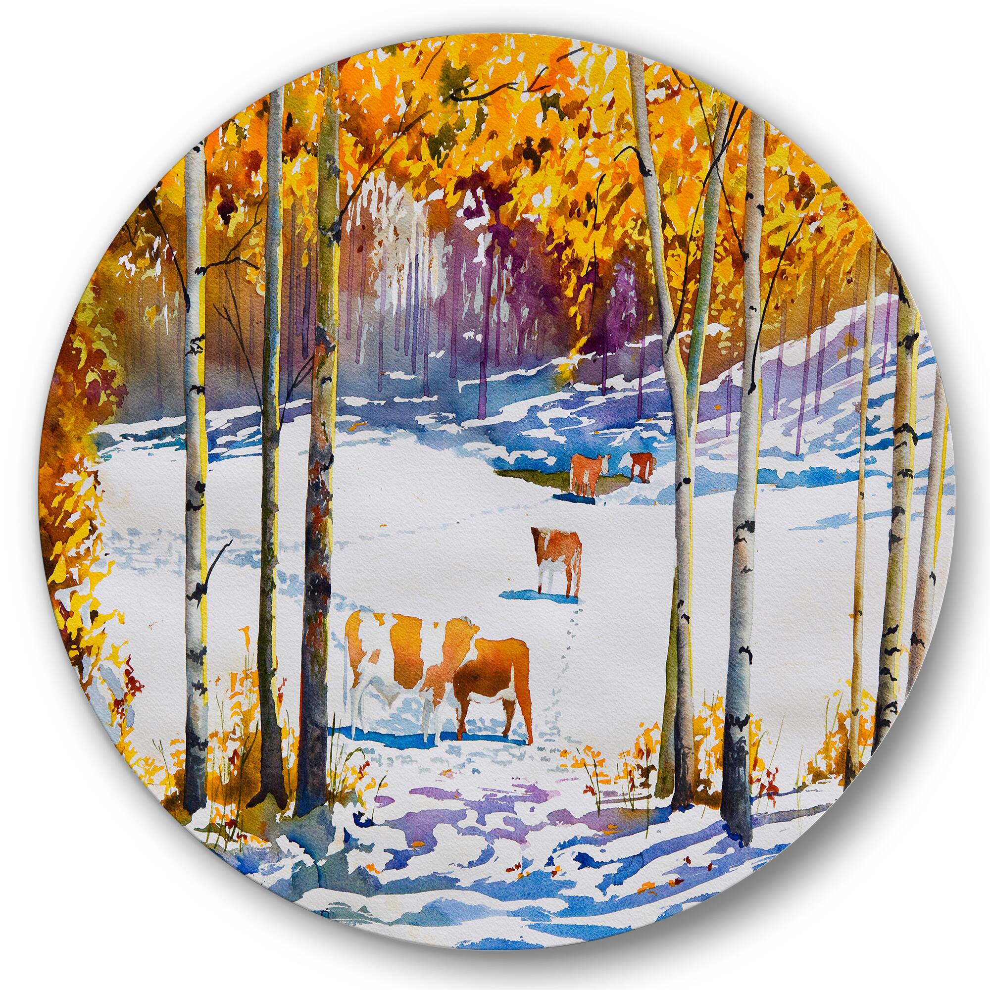 Designart - Cattle In The Early Snow In The Forest - Farmhouse Metal Circle Wall Art