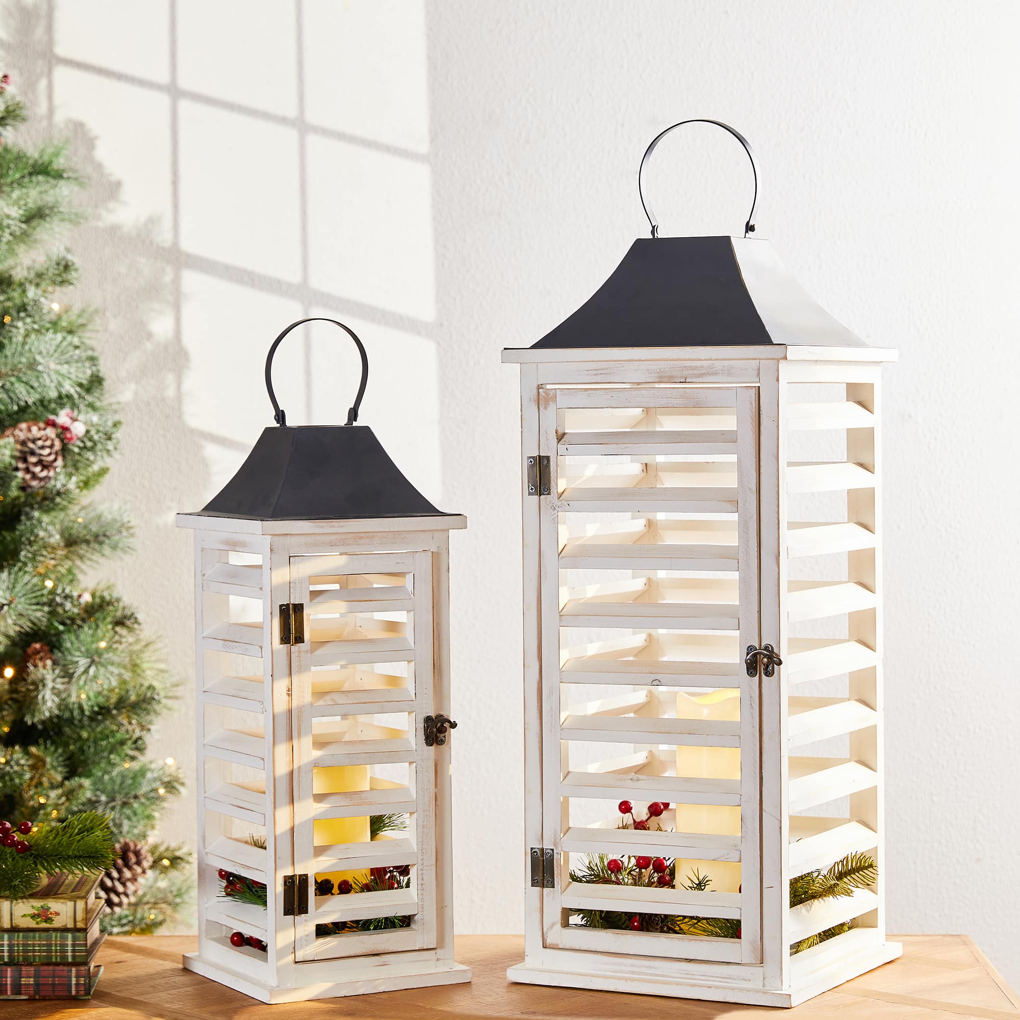 Modern Farmhouse White Wooden Shutter Lantern Set, 25.5&#x22; &#x26; 19&#x22;