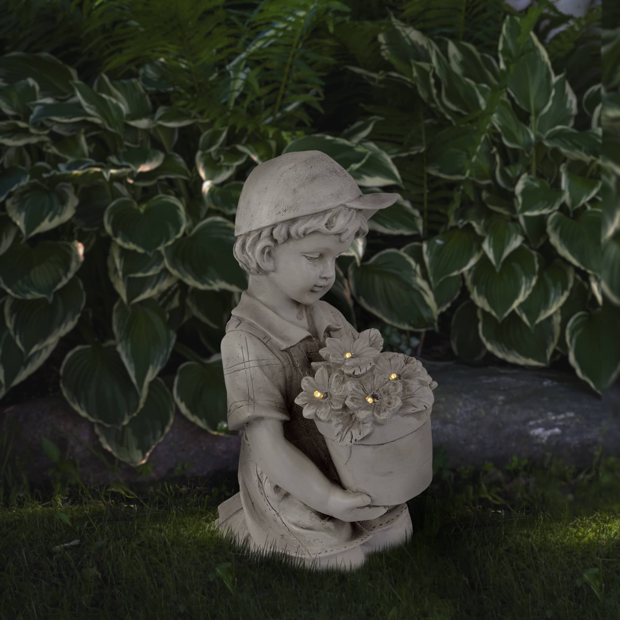 15&#x22; Solar LED-Lit Boy with Flowers Outdoor Garden Statue