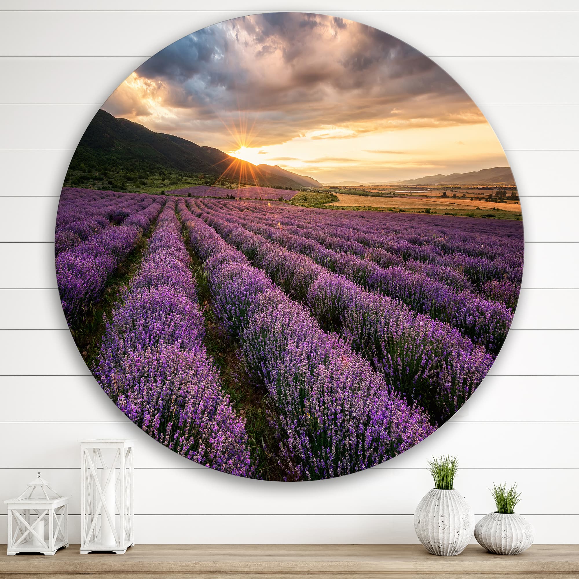 Designart - Sunrise &#x26; Dramatic Clouds Over Lavender Field VI - Farmhouse Metal Circle Wall Art