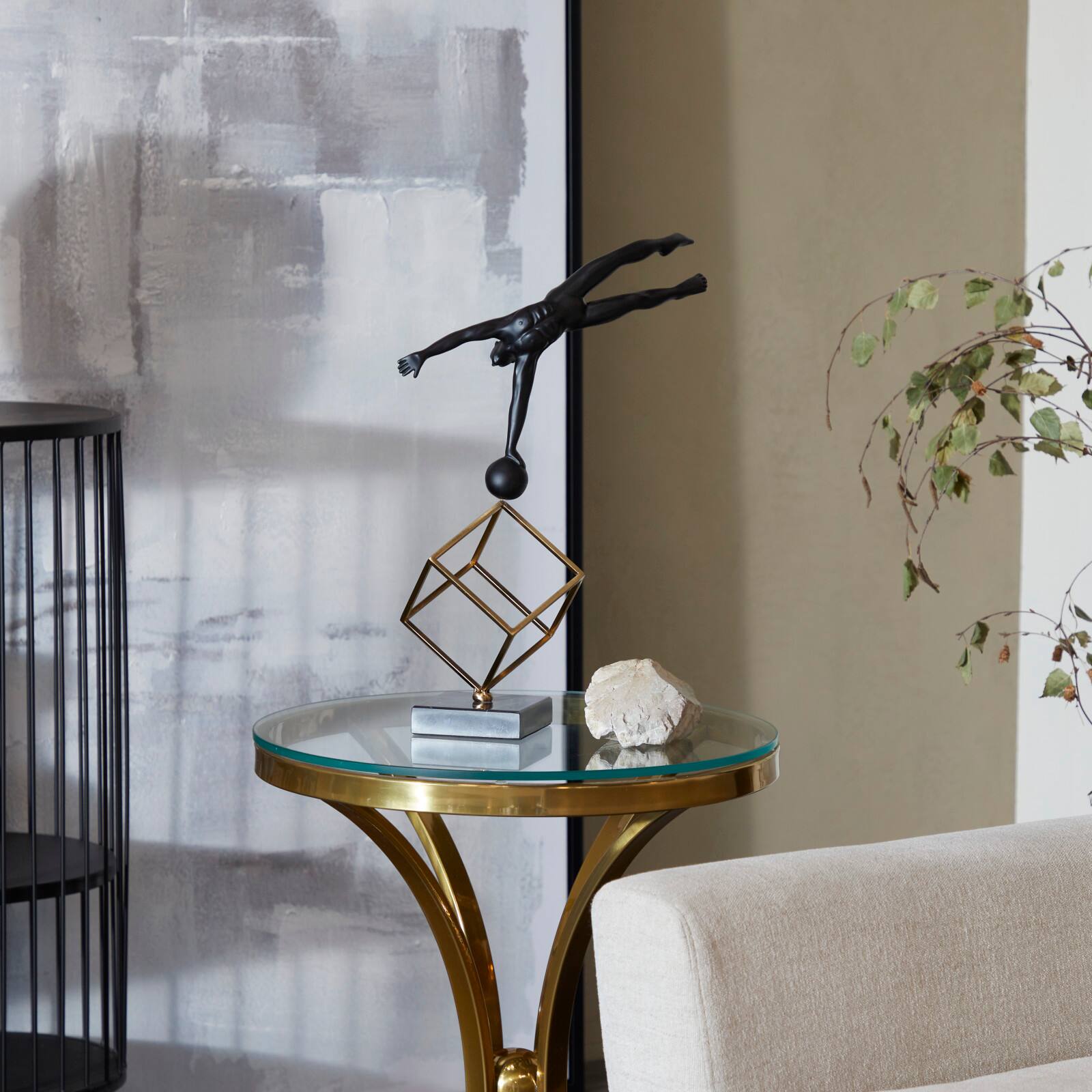 17" Black Marble Gymnast Sculpture with Gold Cube Base