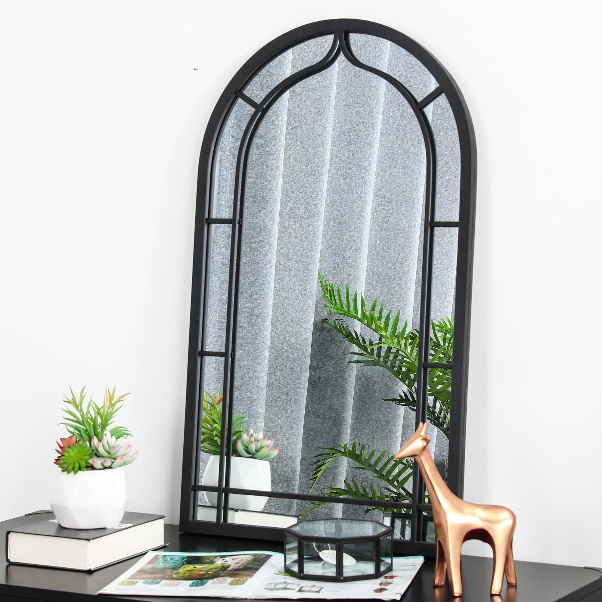 Glitzhome&#xAE; 33&#x22; Black Arched Windowpane Wall Mirror
