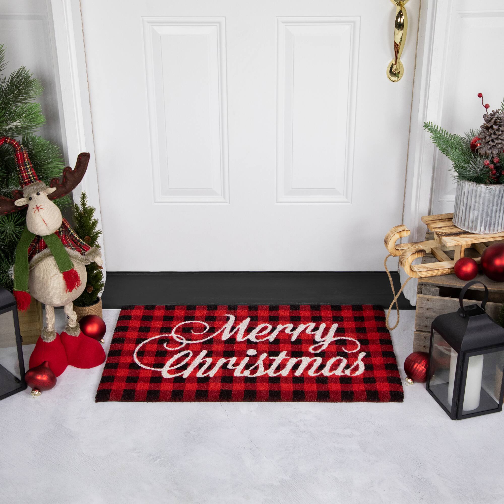 Red and Black Plaid &#x22;Merry Christmas&#x22; Natural Coir Christmas Outdoor Doormat 18&#x22; x 30&#x22;