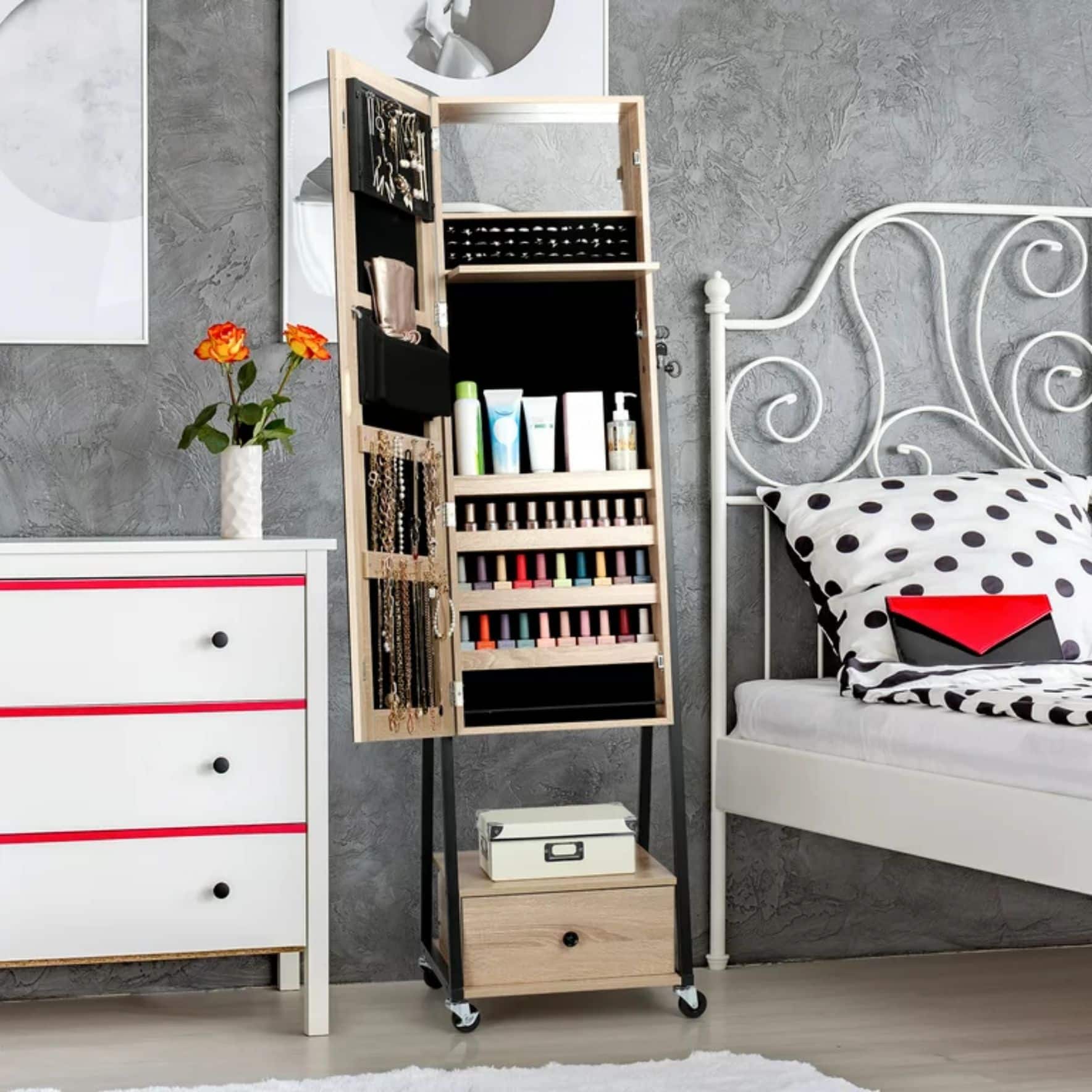 NEX™ 5ft. Yellow Jewelry Armoire on Casters with Chest Drawer