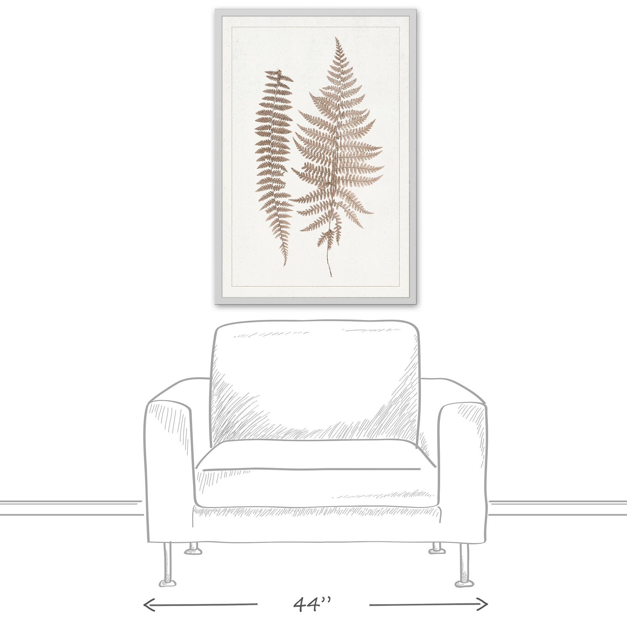 Tan Vintage Ferns I White Framed Canvas