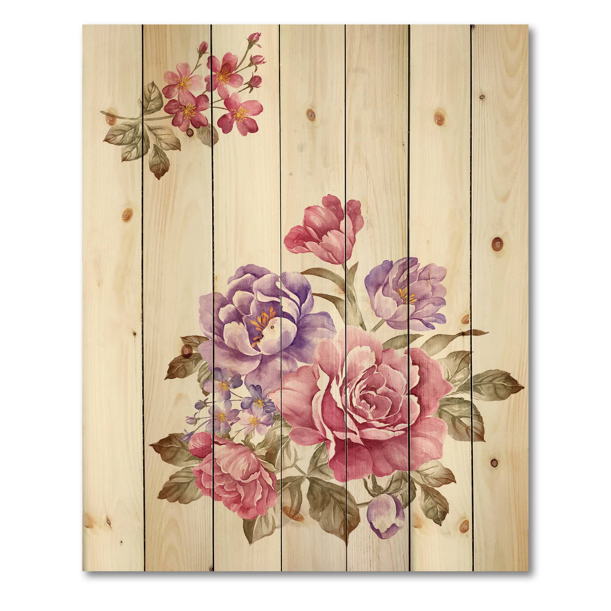 Designart - Bouquet of Pink and Purple Flowers I - Farmhouse Print on Natural Pine Wood