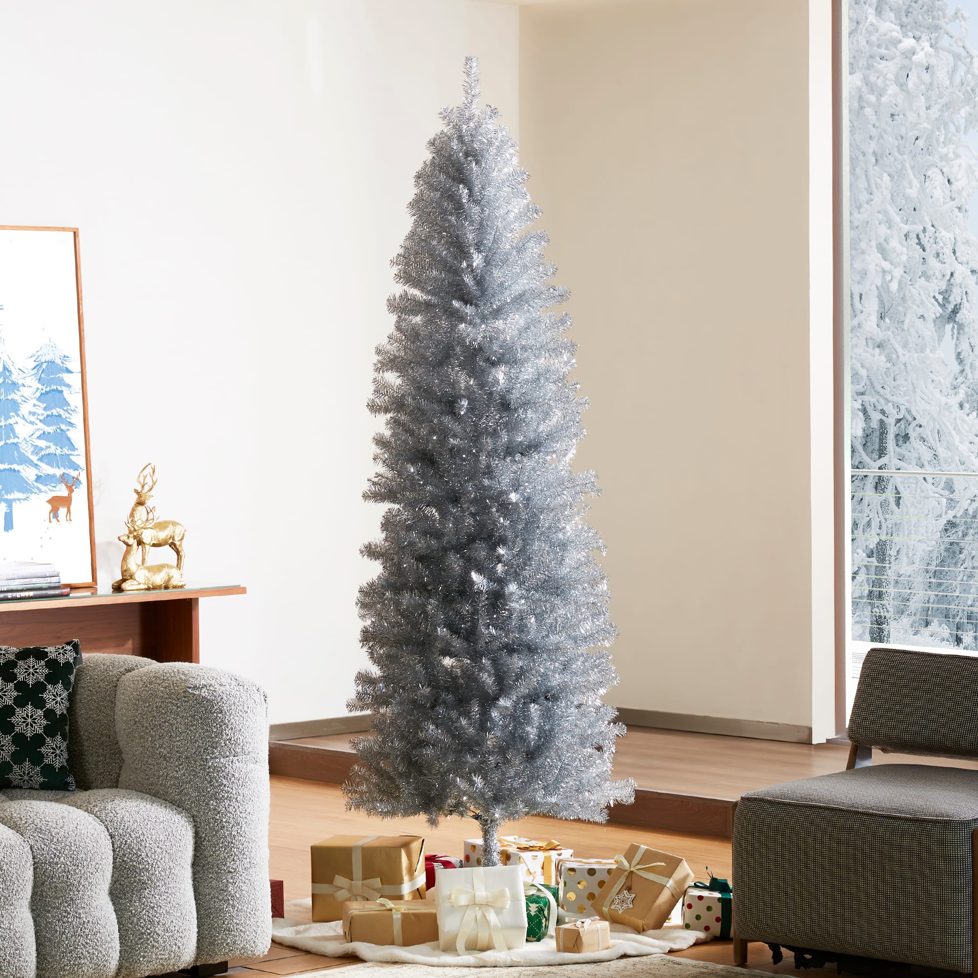7.5ft. Unlit Silver Pencil Tinsel Artificial Christmas Tree