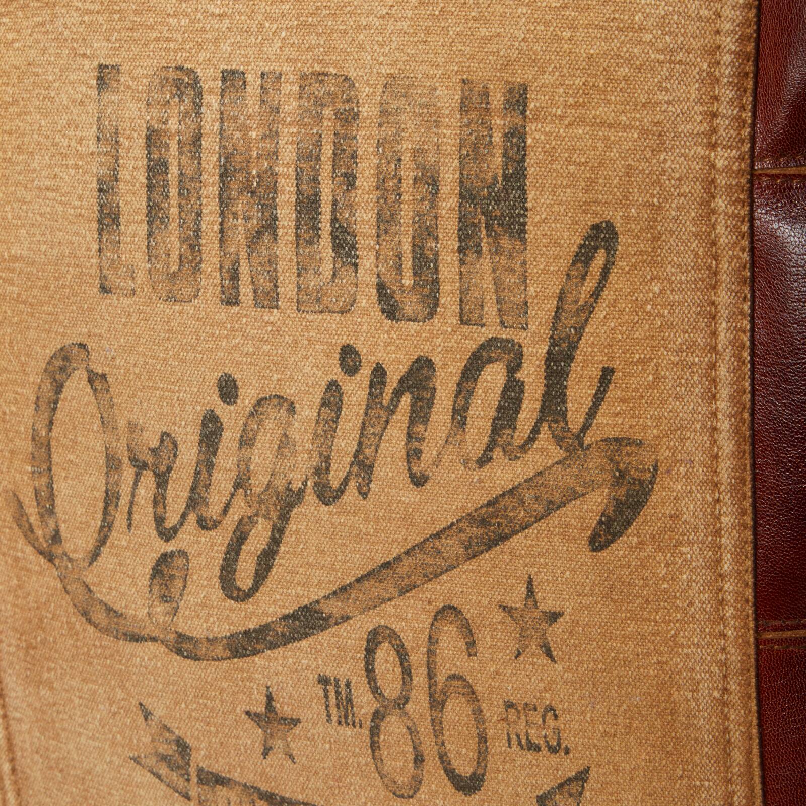 Brown Canvas and Leather Rustic Pouf, 17" x 20" x 20"