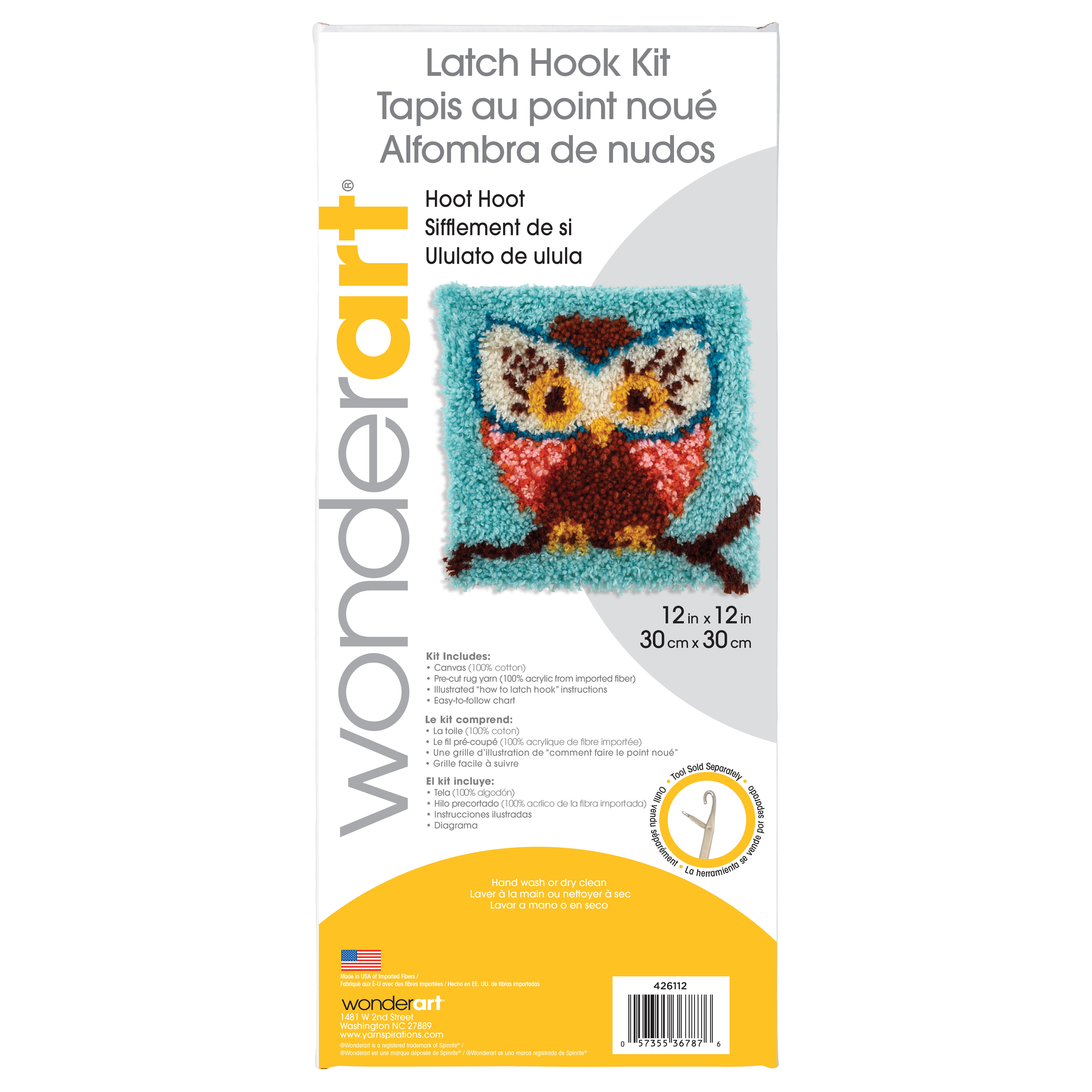 Wonderart 12 inch x 12 inch Latch Hook Kit, Hoot Hoot, Acrylic Yarn Cotton Canvas, Size: 12 x 12