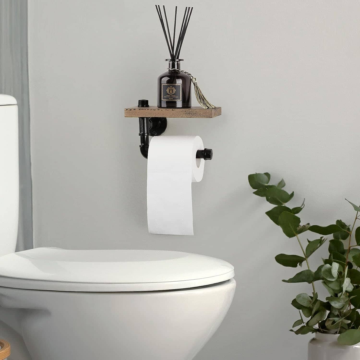 Rustic Brown Industrial Wall-Mounted Toilet Paper Holder with Wood Shelf
