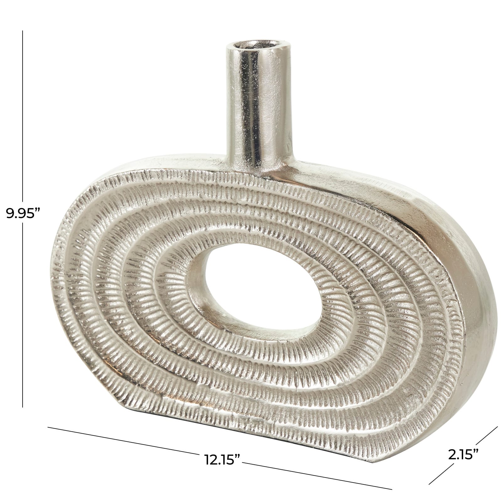 12" Silver Aluminum Geometric Circular Vase with Linear Etchings