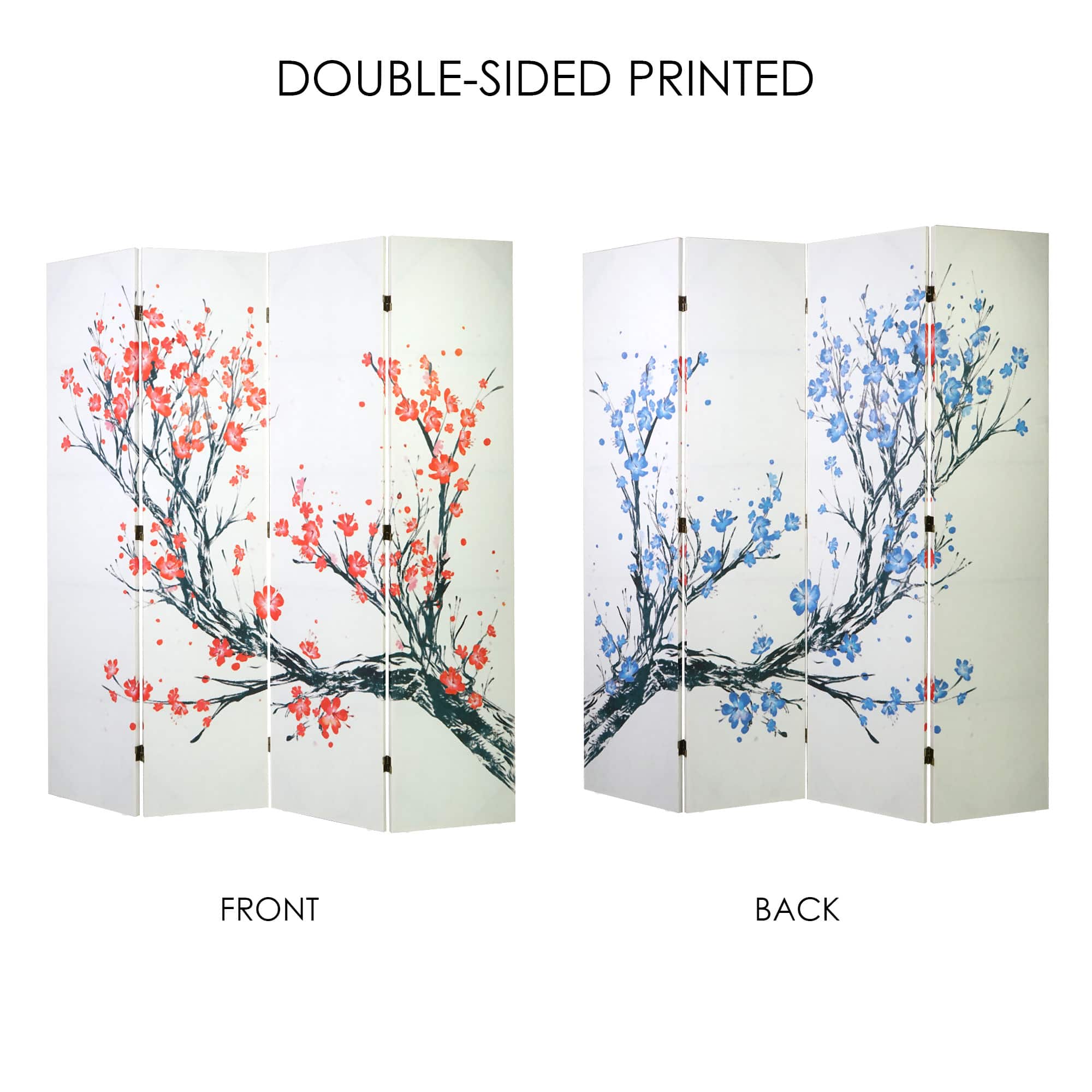 American Art Decor&#x2122; 6ft. Double-Sided 4-Panel Red &#x26; Blue Cherry Blossom Tree Canvas Room Divider