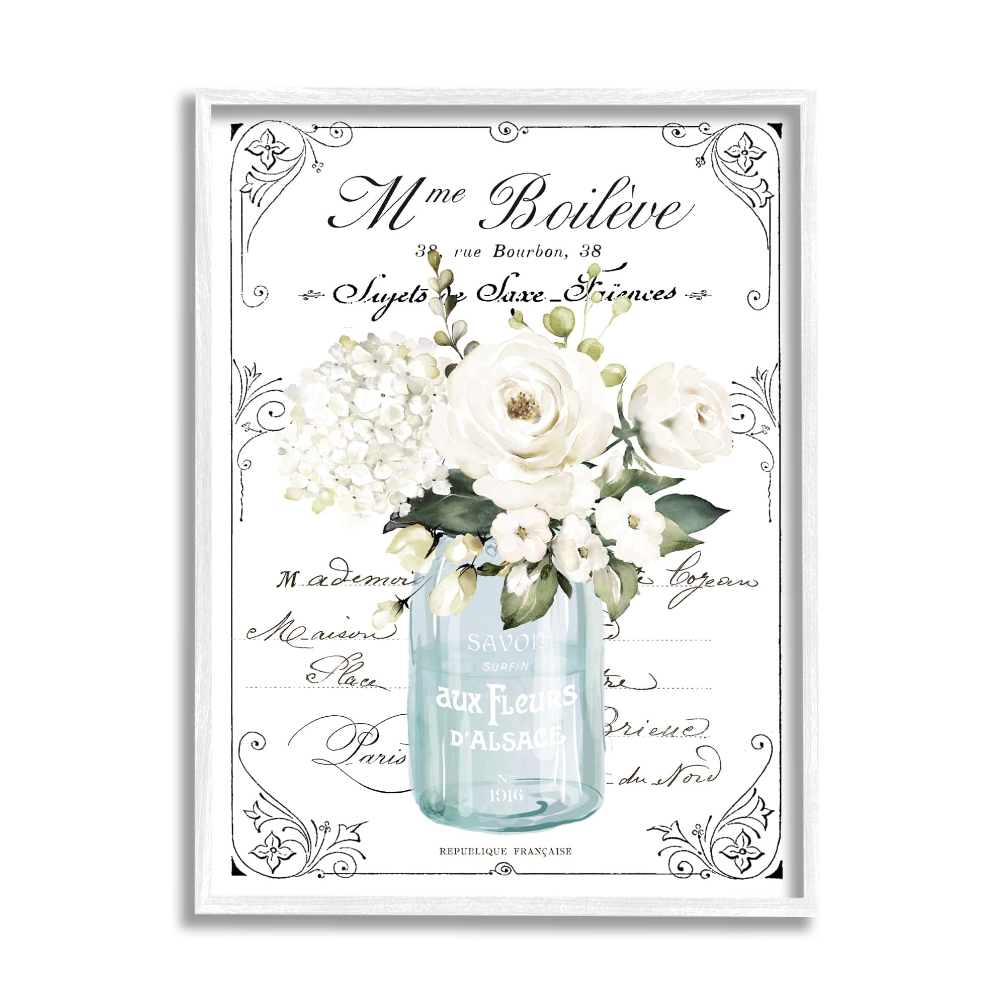 Stupell Industries Vintage Parisian Floral Bouquet White Farmhouse Flowers Framed Wall Art