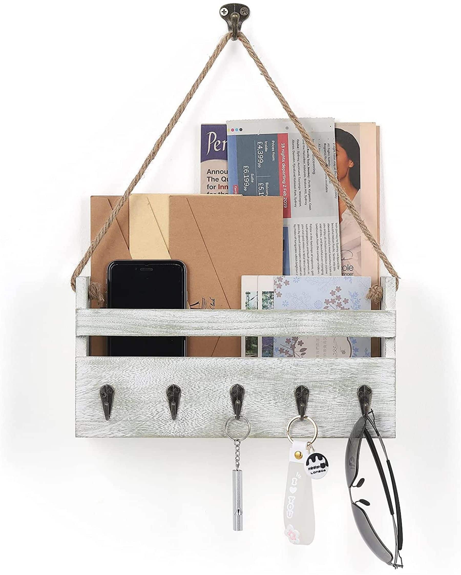 NEX&#x2122; Weathered Green Hanging Wall-Mounted Mail Organizer with 5 Hooks