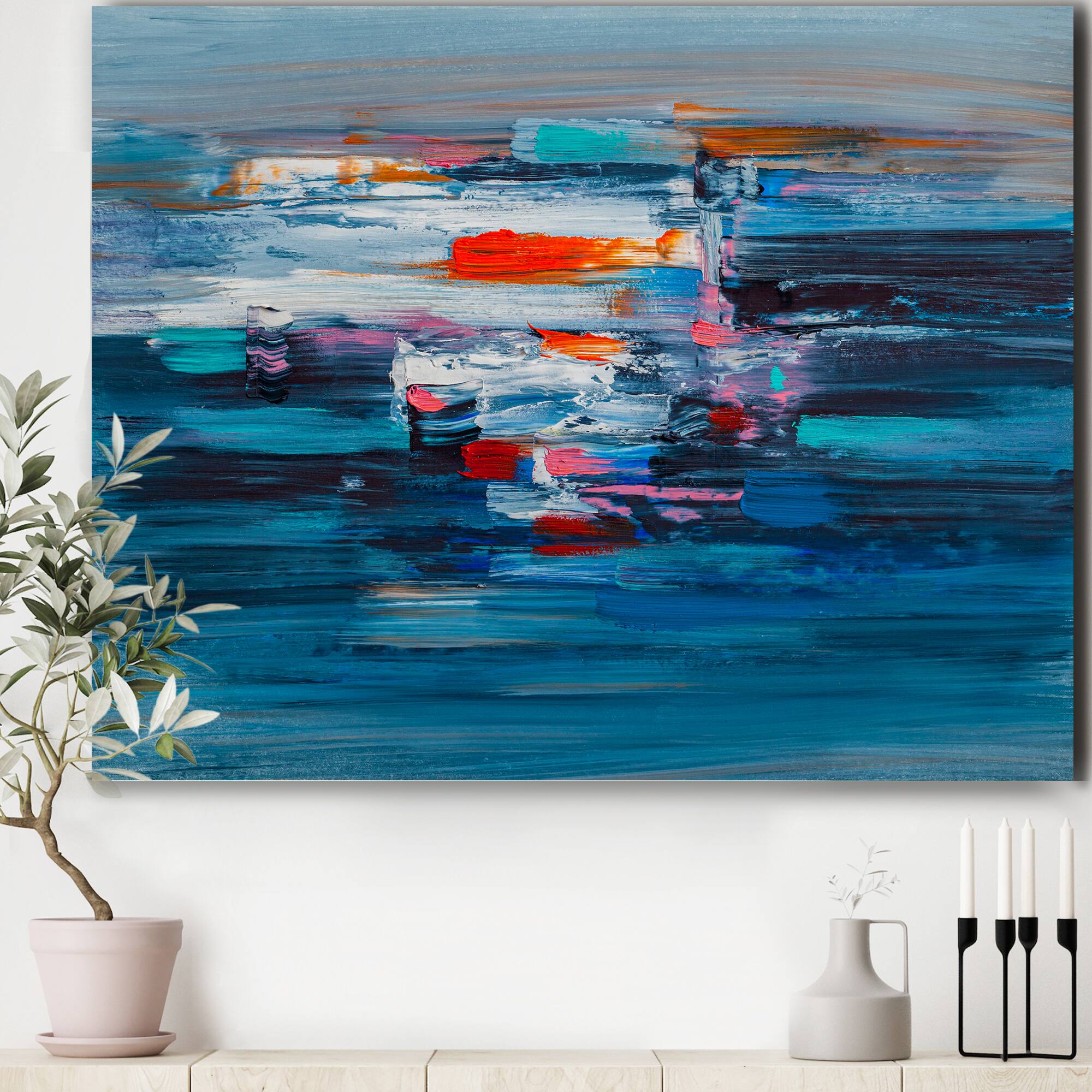 Designart - Waves Of Red On A Dark Blue Ocean - Modern Canvas Wall Art Print