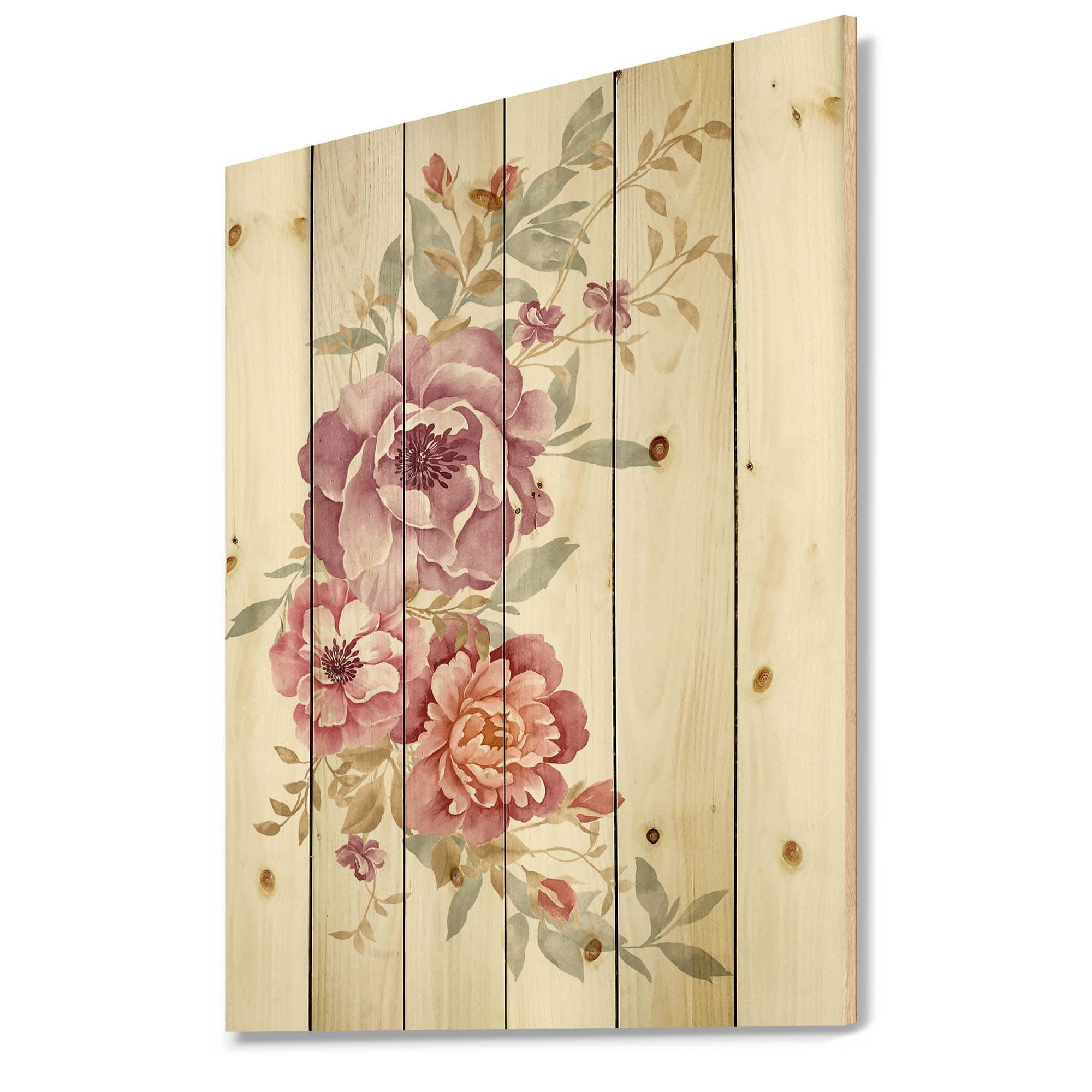 Designart - Bouquet Of Pink and Purple Flowers III - Farmhouse Print on Natural Pine Wood