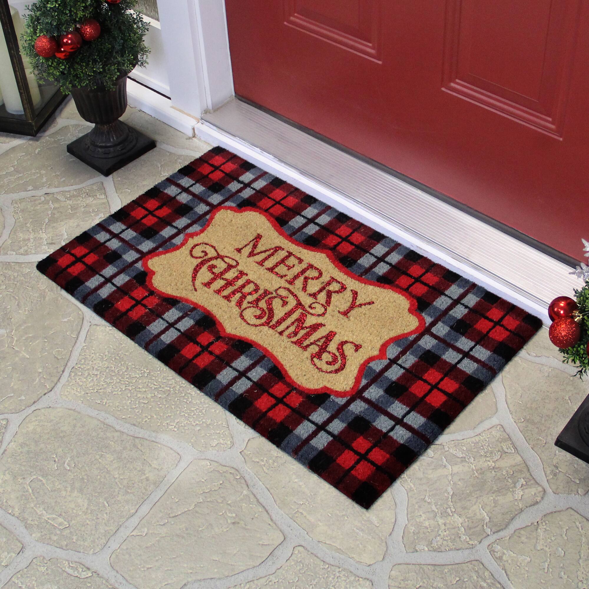 Red & Black Plaid "Merry Christmas" Rectangular Doormat