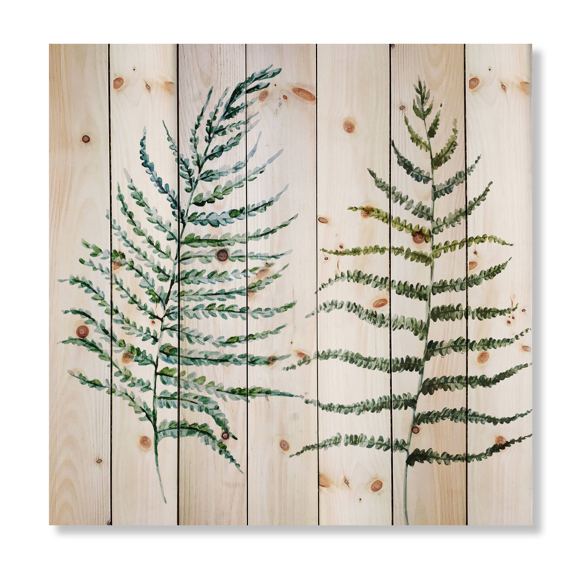 Designart - Two Fern Leaves - Farmhouse Print on Natural Pine Wood