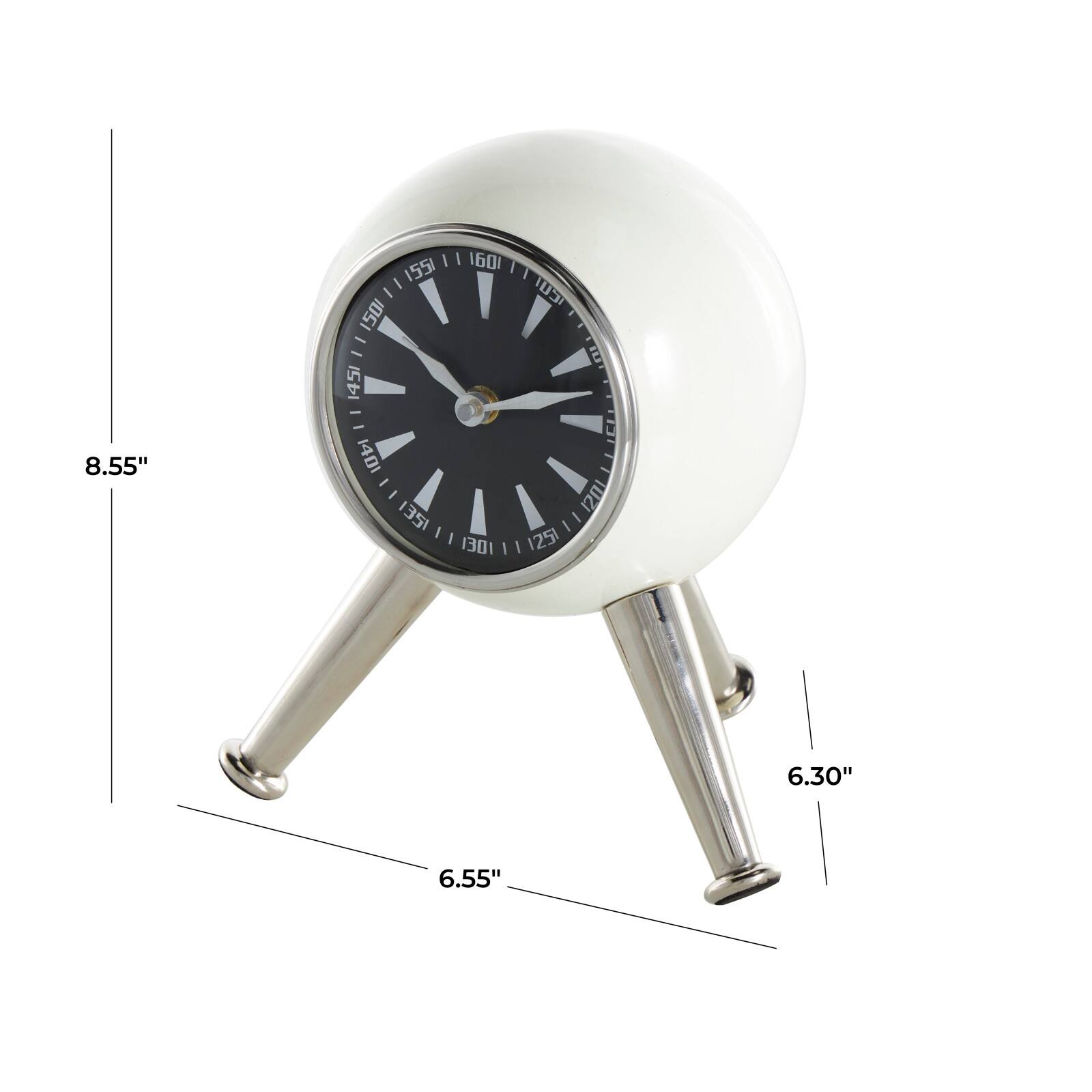 8.5" Silver Orb Metal Clock with Black Clockface & Silver Tripod Legs