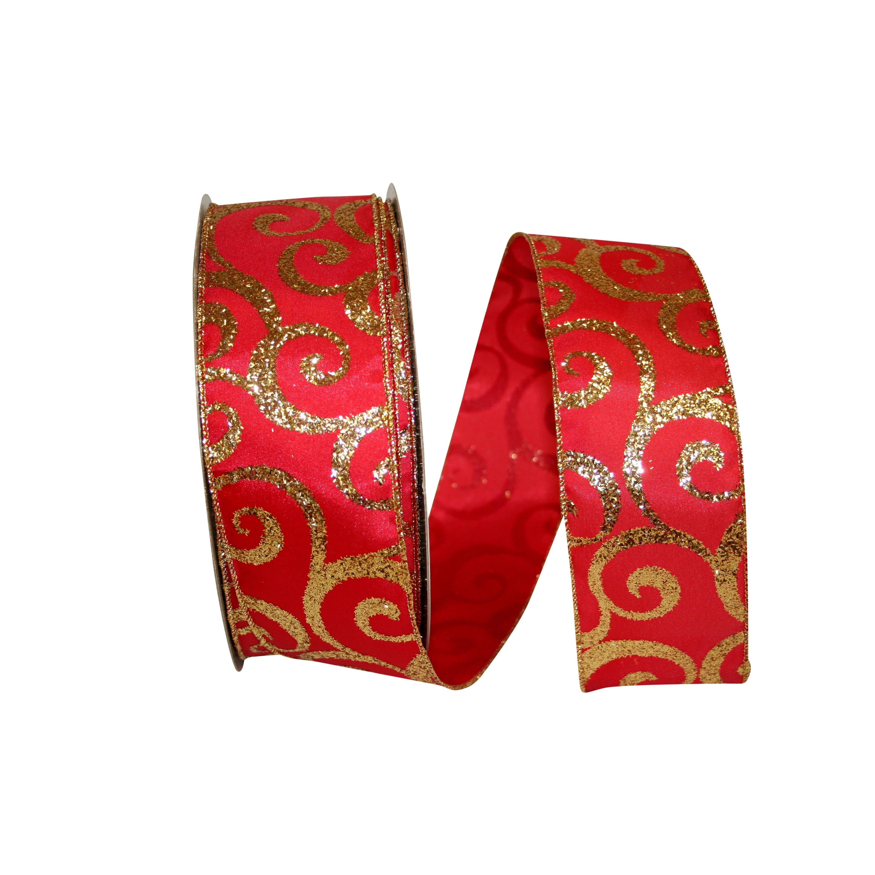 JAM Paper 2.5&#x22; x 50yd. Red &#x26; Gold Scroll Wired Glitter Ribbon