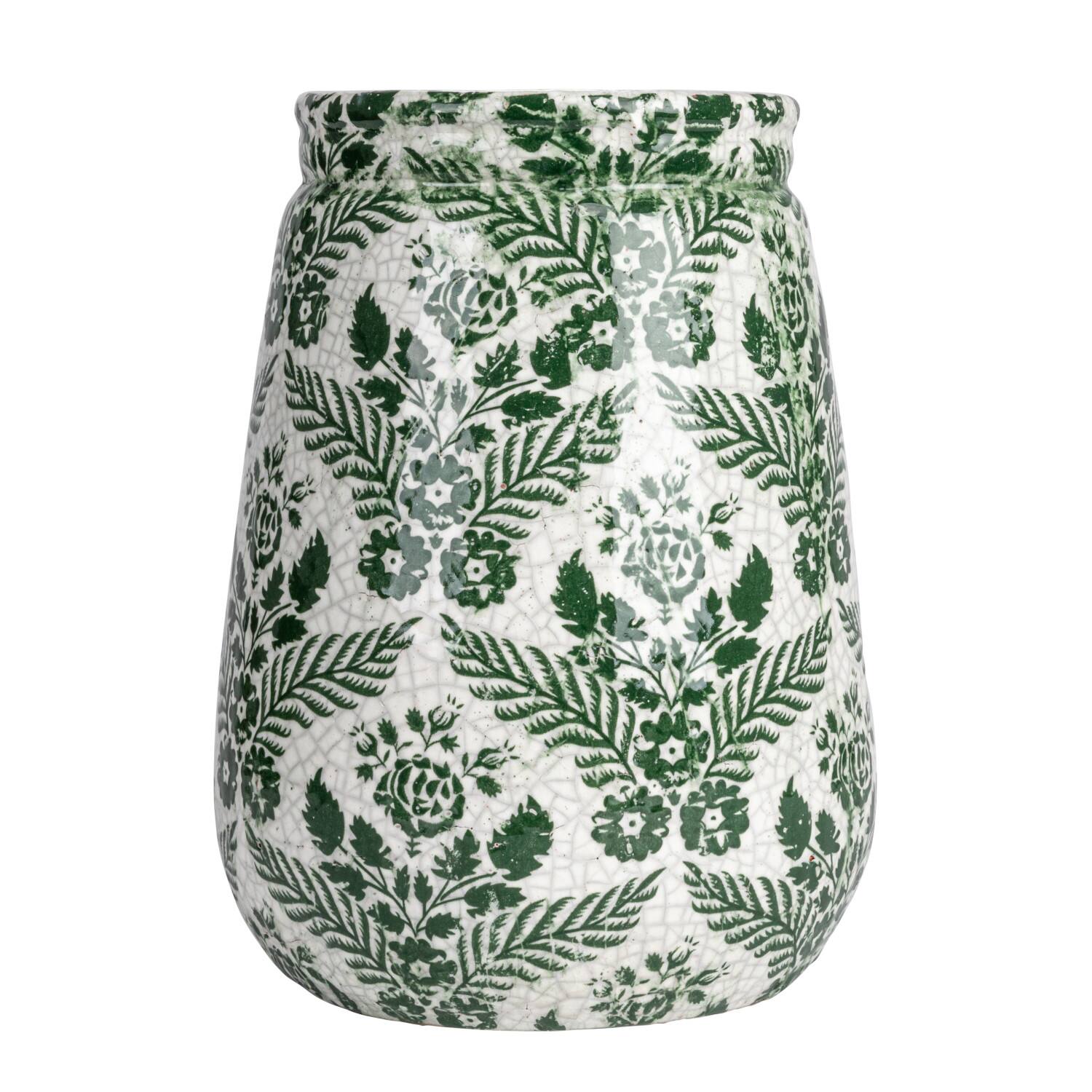 Hello Honey® 10.75" Green & White Flower Patterned Terra Cotta Planter Vase with Crackle Glaze