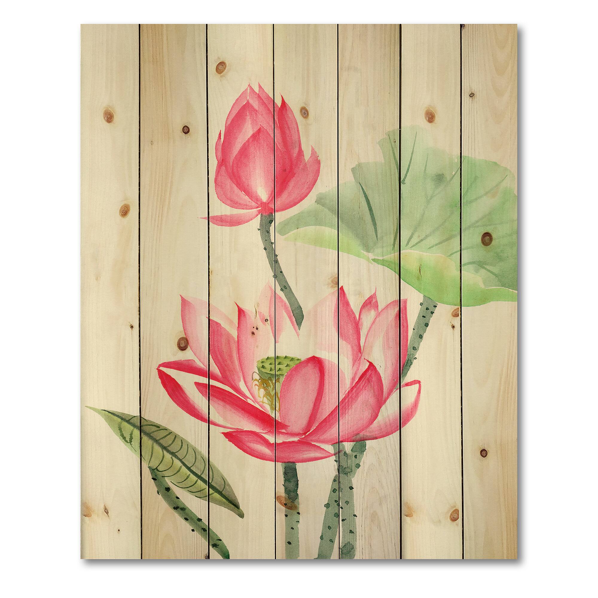 Designart - Vintage Pink Lotus Flower - Traditional Print on Natural Pine Wood