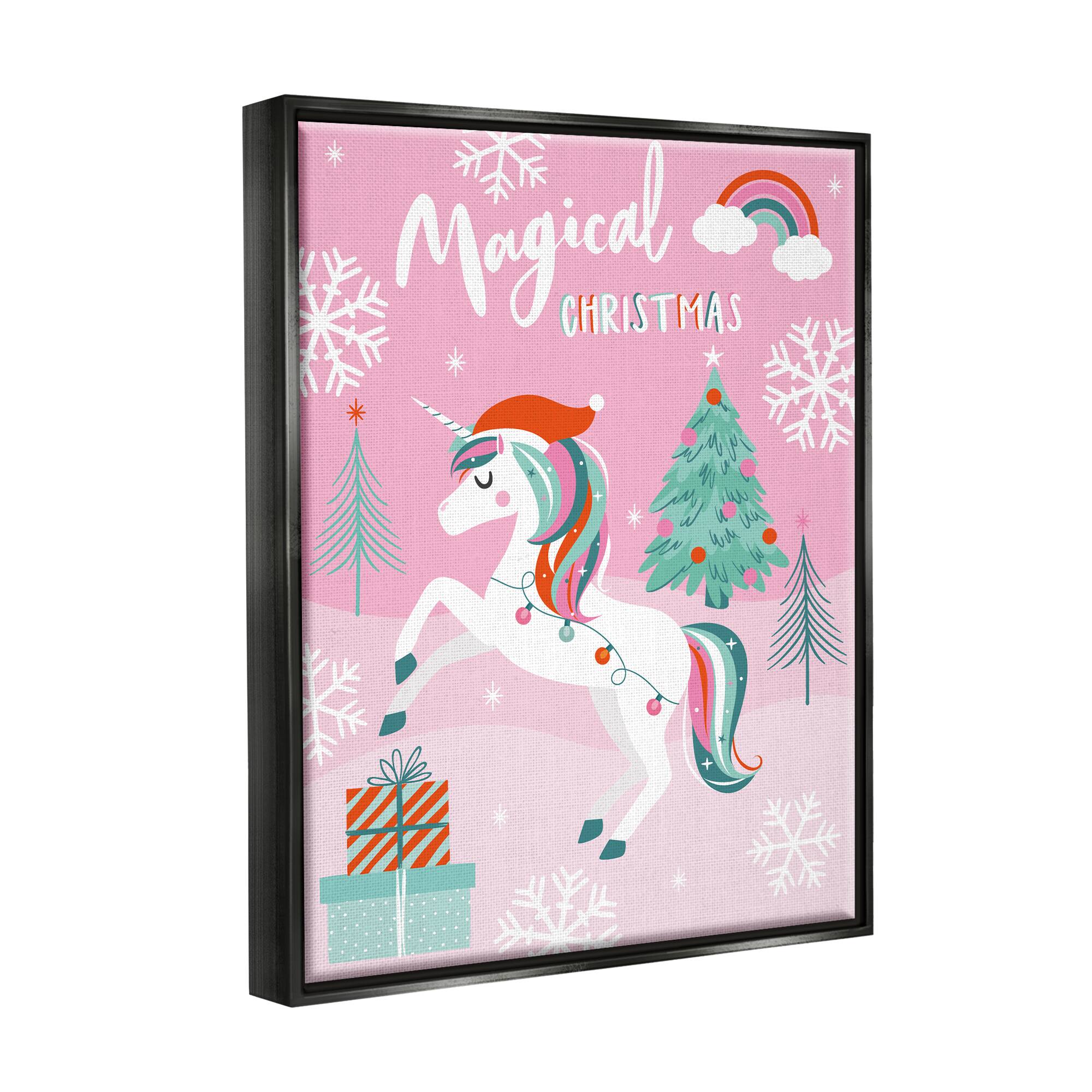 Stupell Industries Magical Christmas Pink Unicorn Framed Floater Canvas Wall Art