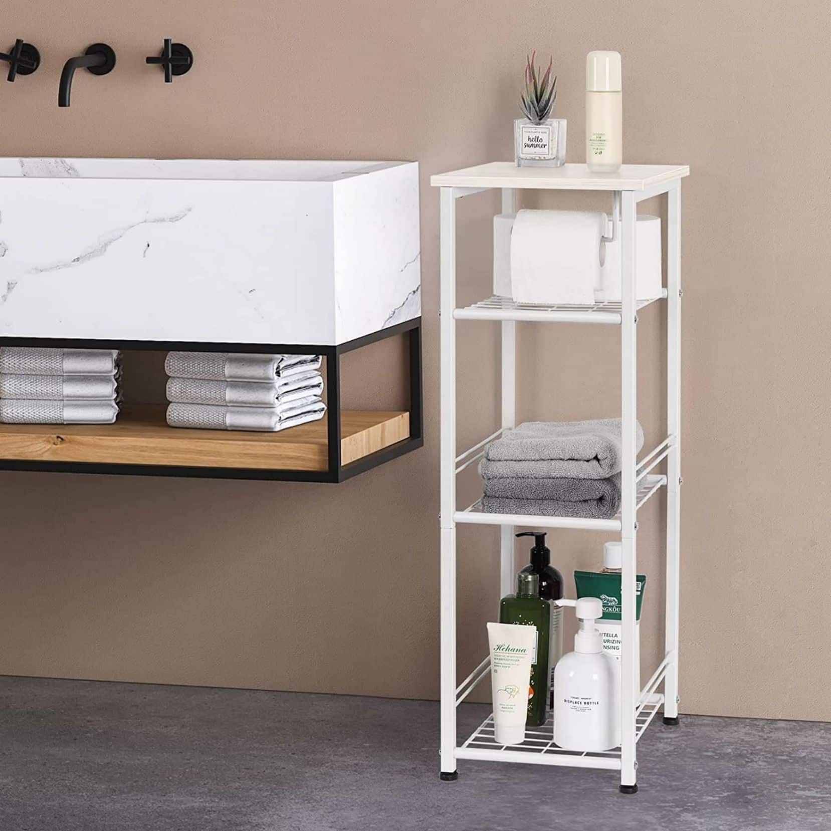 NEX&#x2122; 29&#x22; White Freestanding 4-Tier Storage Shelf with Toilet Paper Holder