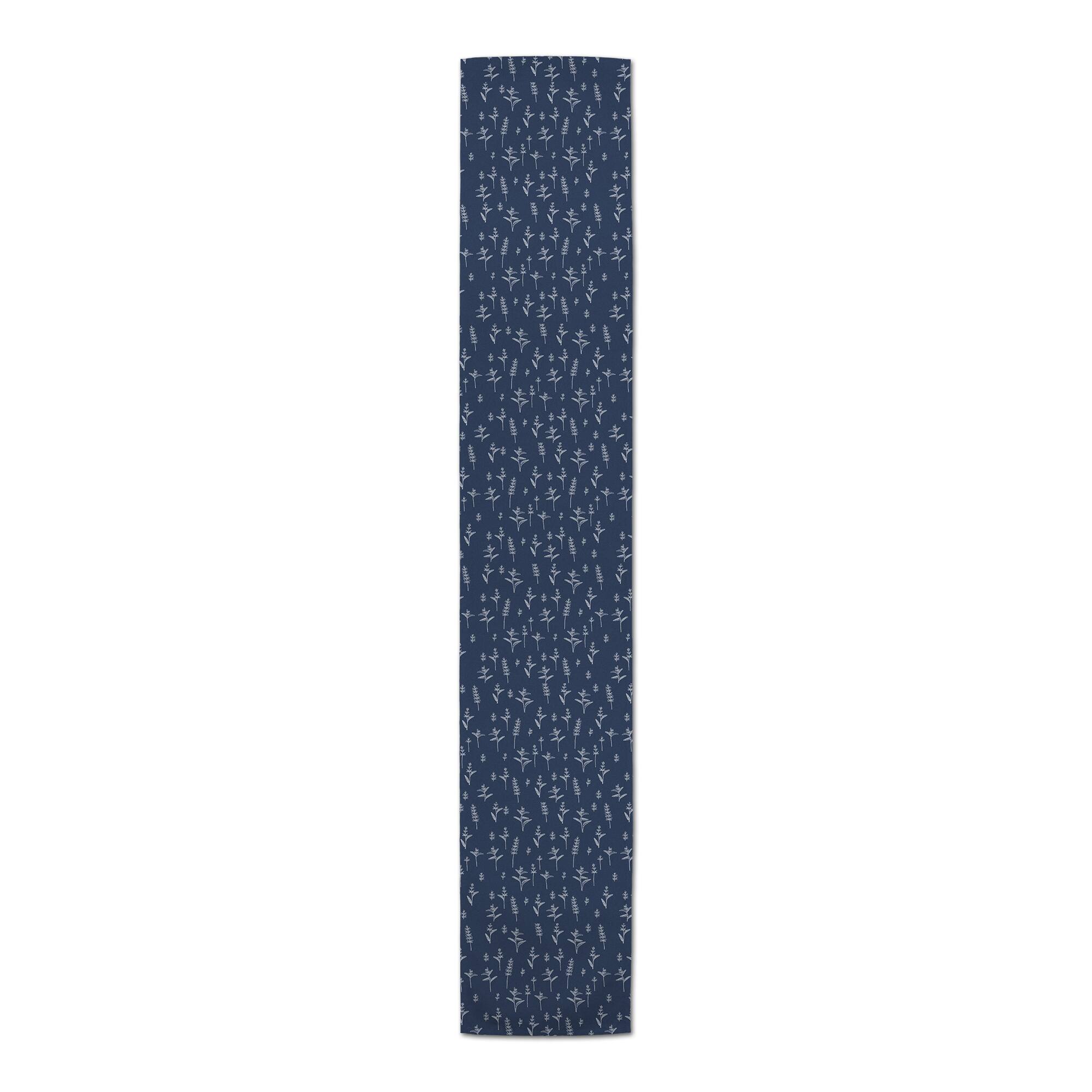 90&#x22; Navy Blue Botanical Pattern Cotton Twill Table Runner