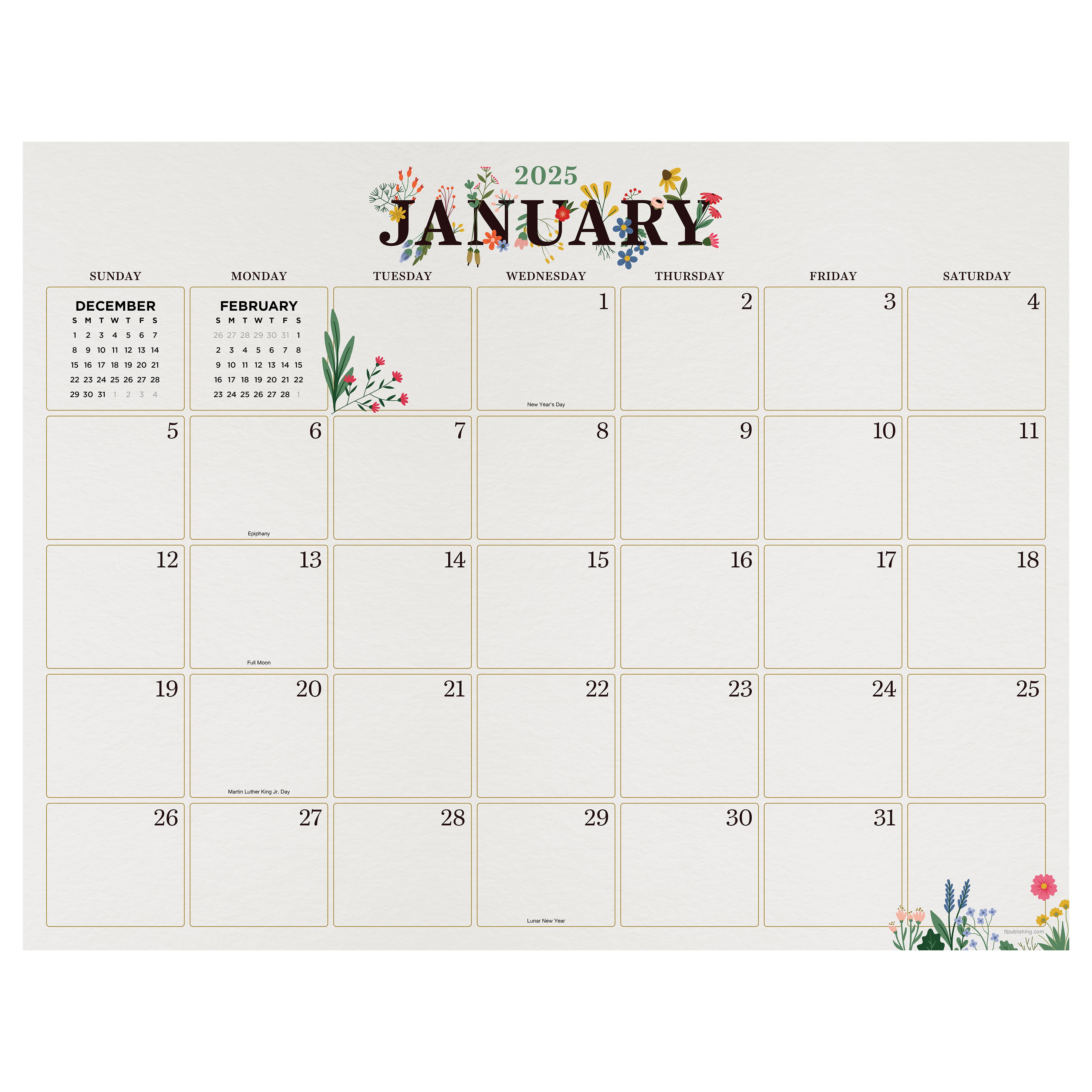 TF Publishing Large 2025 Floral Monthly Blotter Desk Pad Calendar