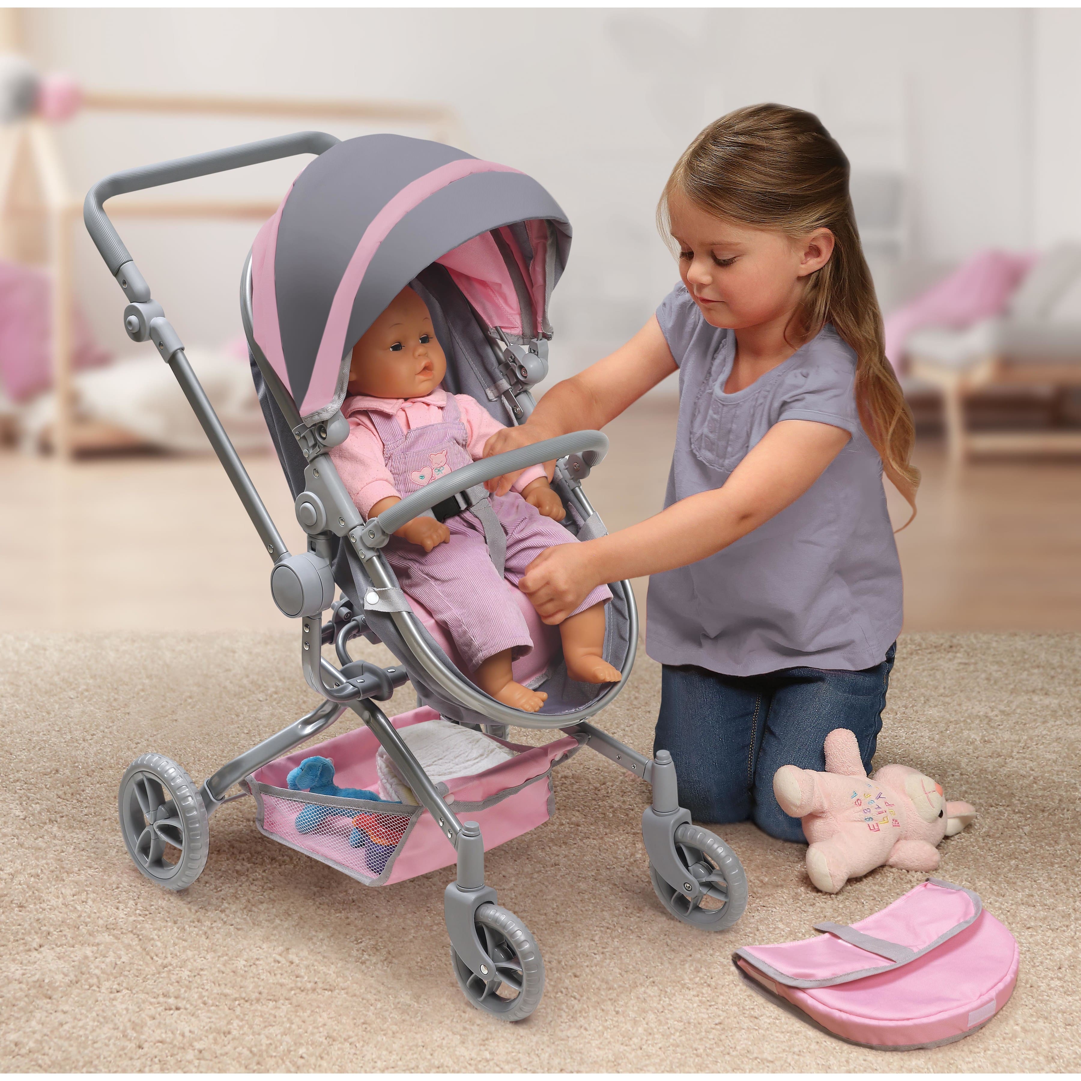 Badger Basket Gray & Pink Daydream Multi-Function Single Doll Pram & Stroller