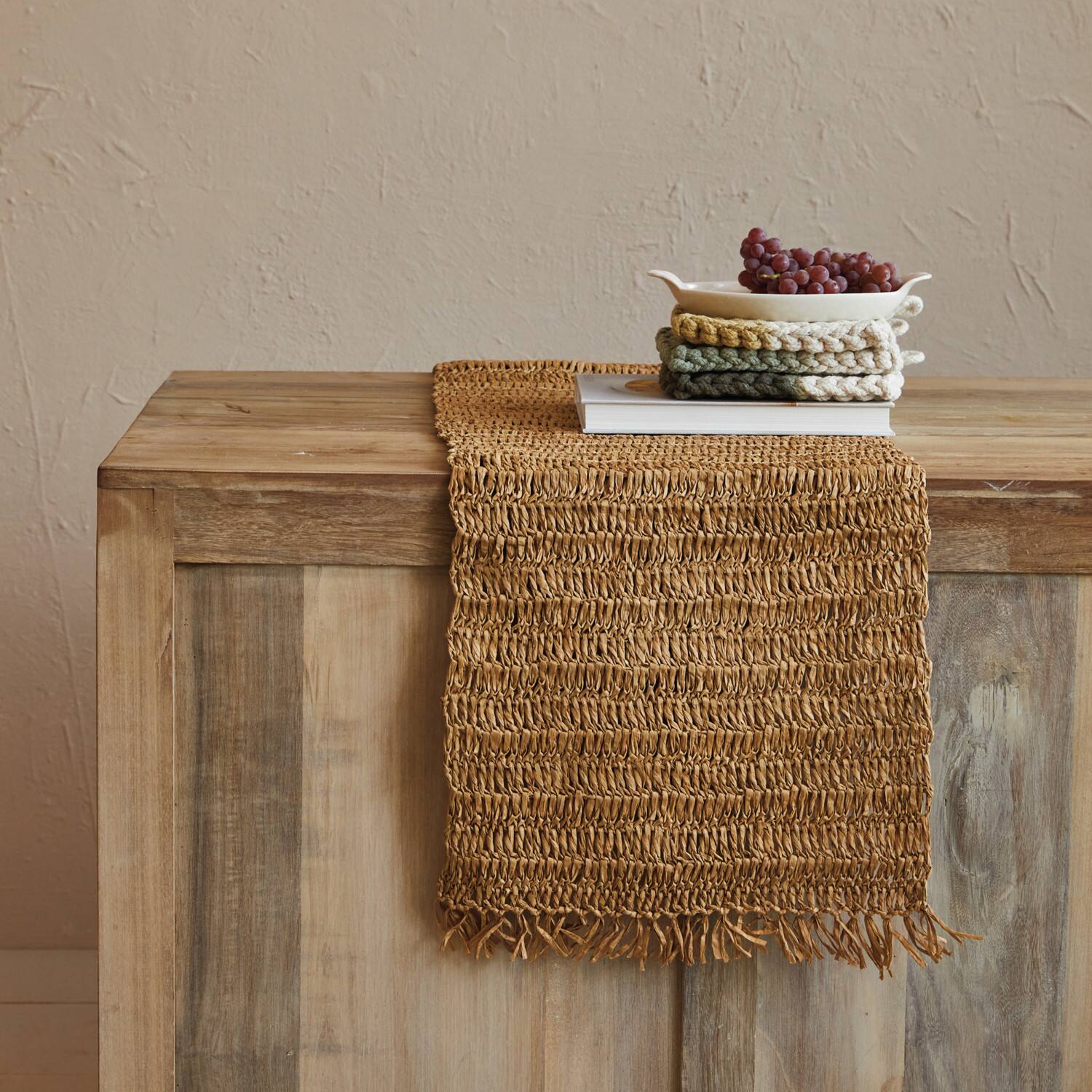 Hello Honey® 108" Natural Woven Raffia Table Runner with Fringe