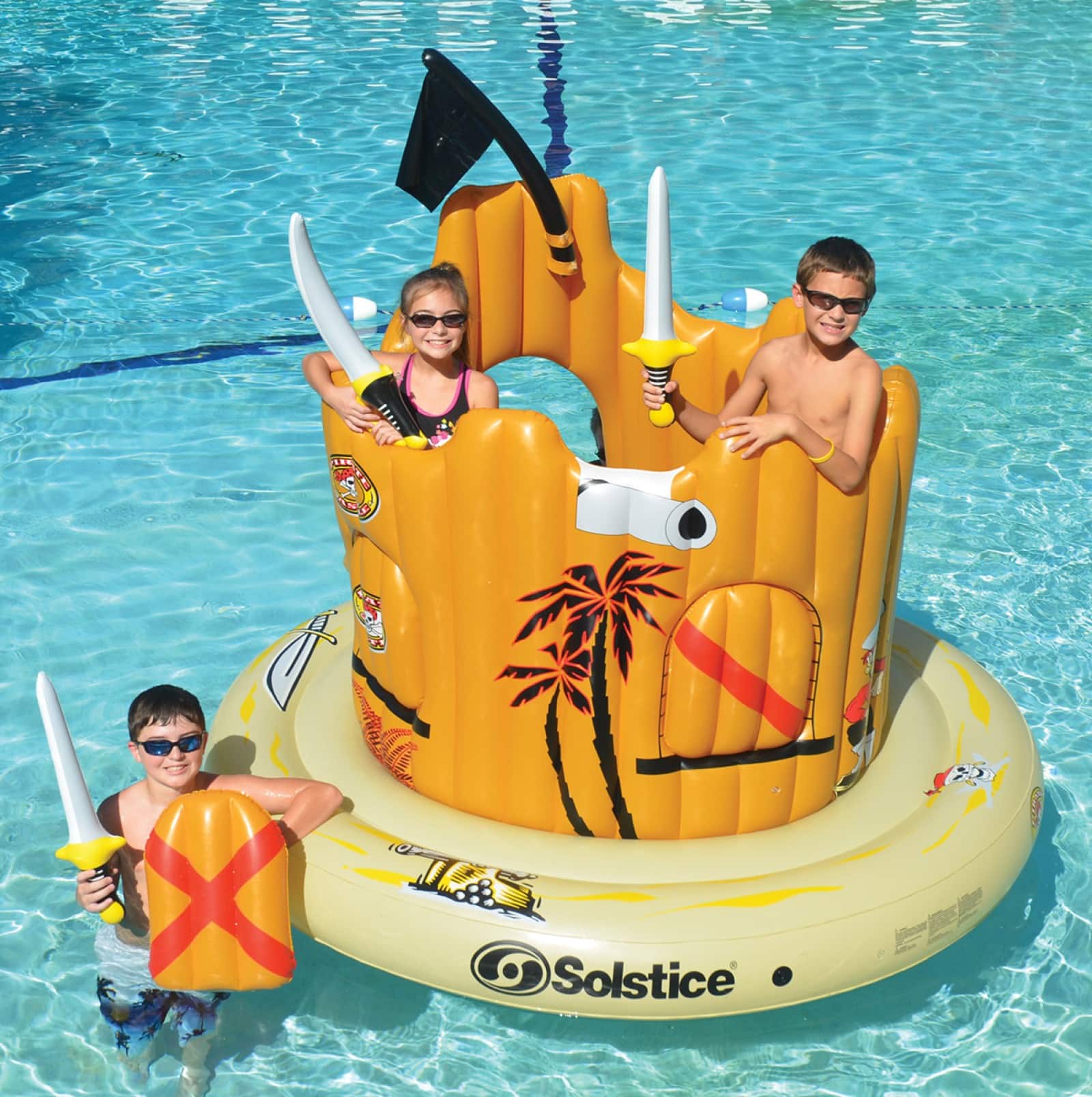 Swim Central 6.8ft. Inflatable Orange Pirate Castle Adventure Swimming Float
