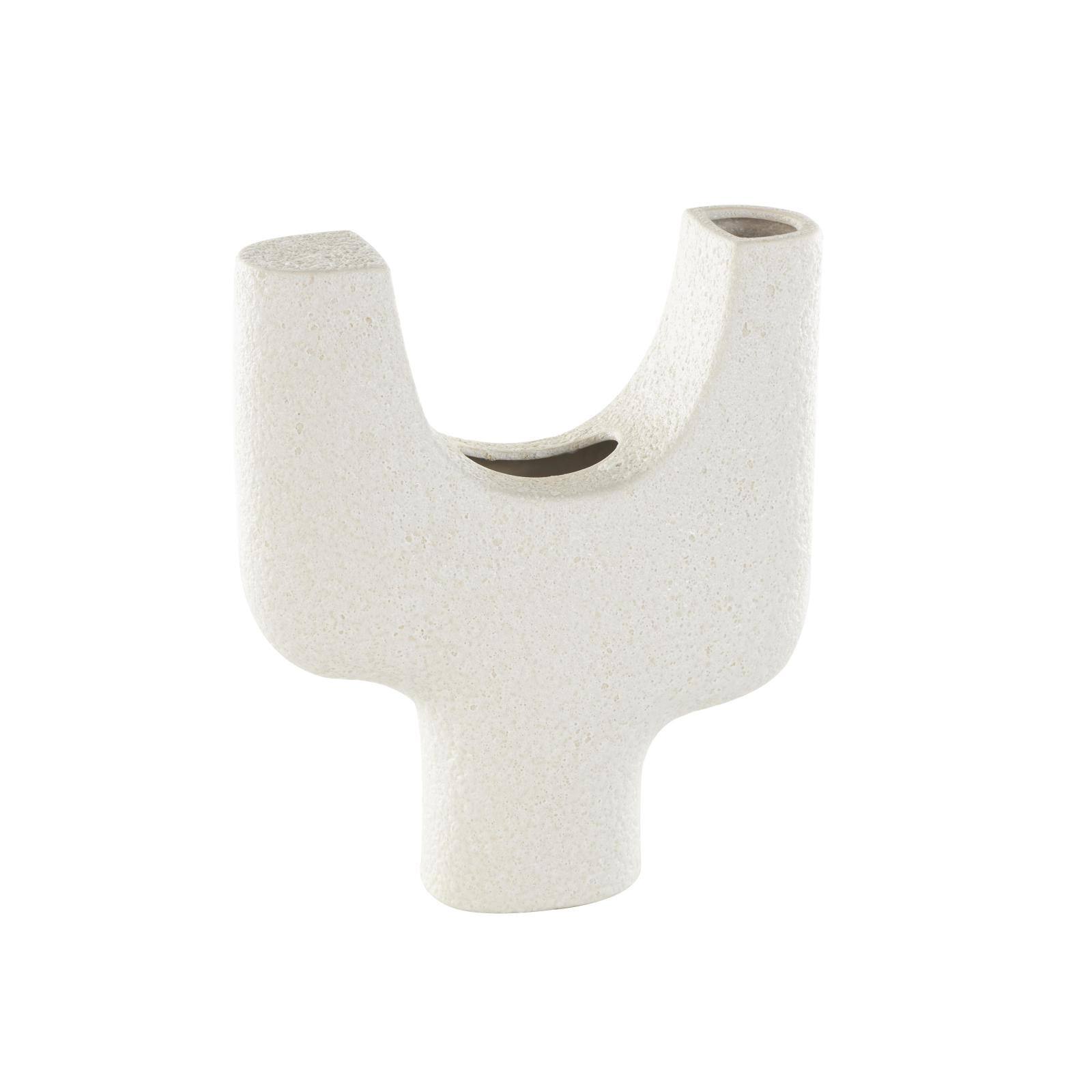 14" Speckled White Abstract Curved Ceramic Vase with Dual Openings