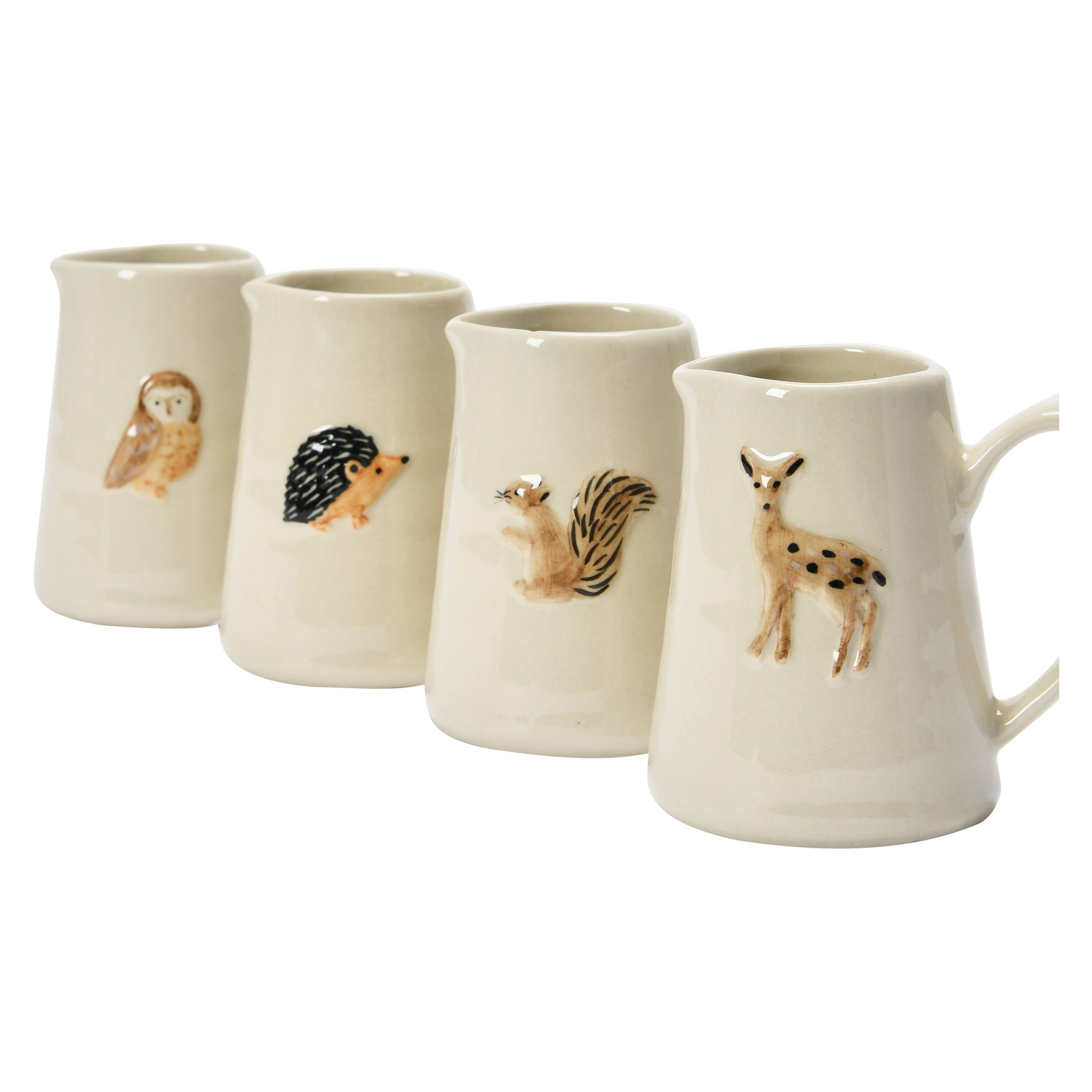 3&#x22; Hand-Painted &#x26; Embossed Forest Animal Ceramic Pitcher Mugs, 4ct. 