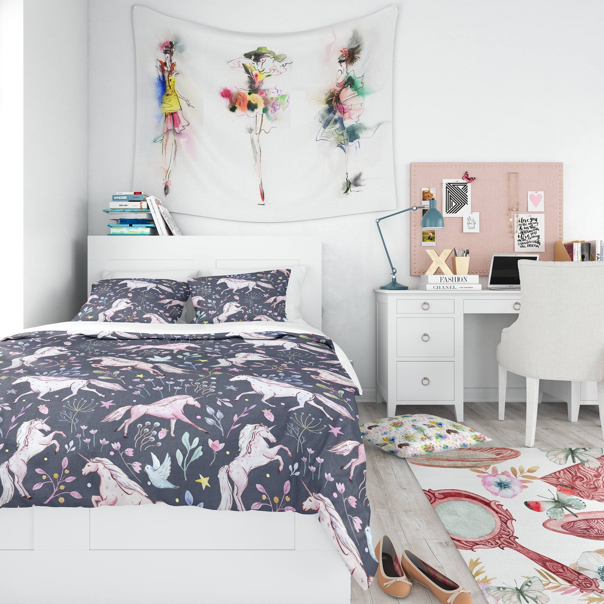 Designart &#x27;Watercolor Unicorn Pattern&#x27; Modern Teen Bedding Set - Duvet Cover &#x26; Shams